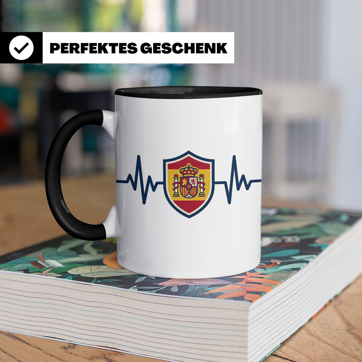 Spanien Herzschlag Tasse mit Wappen, EKG Fanartikel für Span – Schwarz [farbe:schwarz]