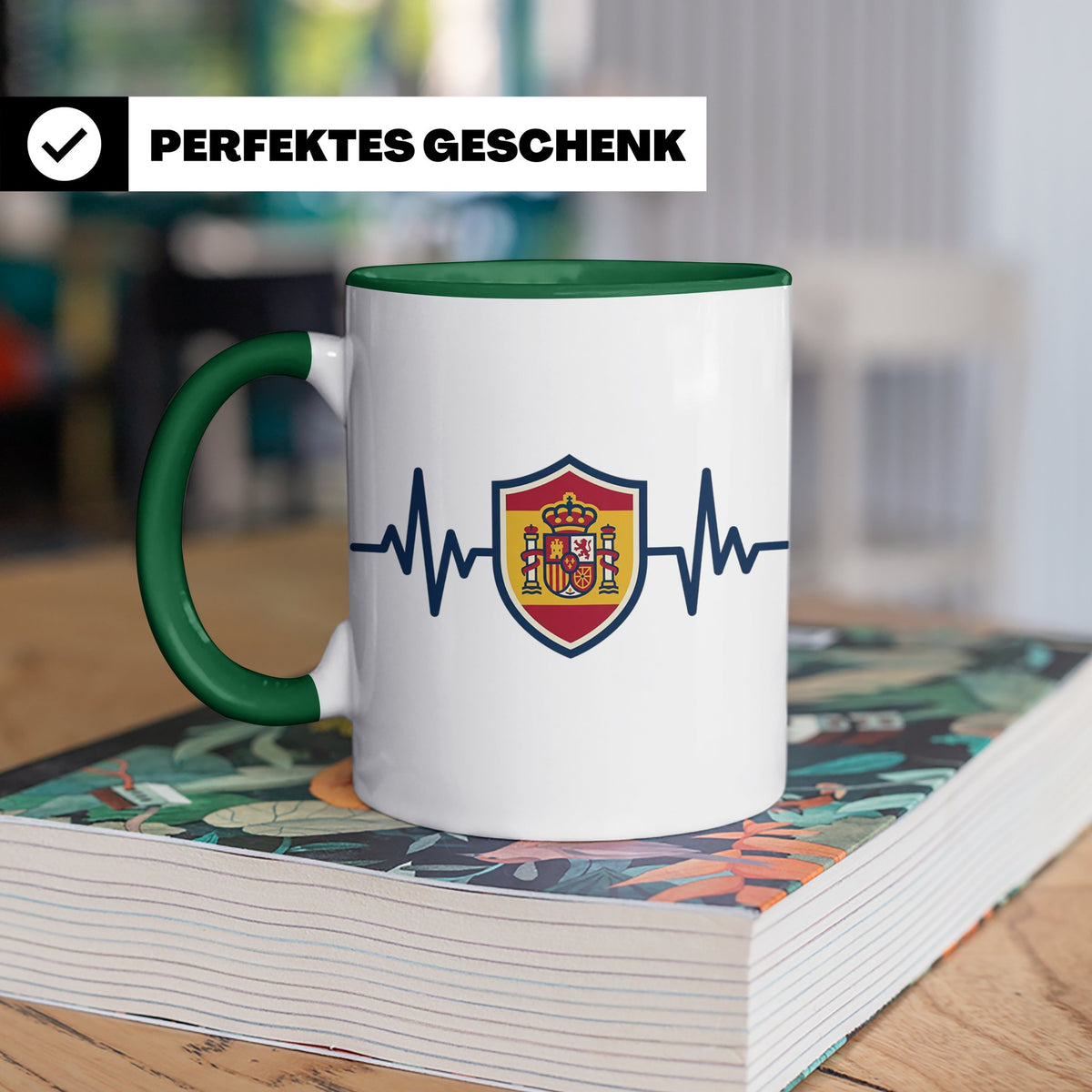 Spanien Herzschlag Tasse mit Wappen, EKG Fanartikel für Span – Grün [farbe:grün]