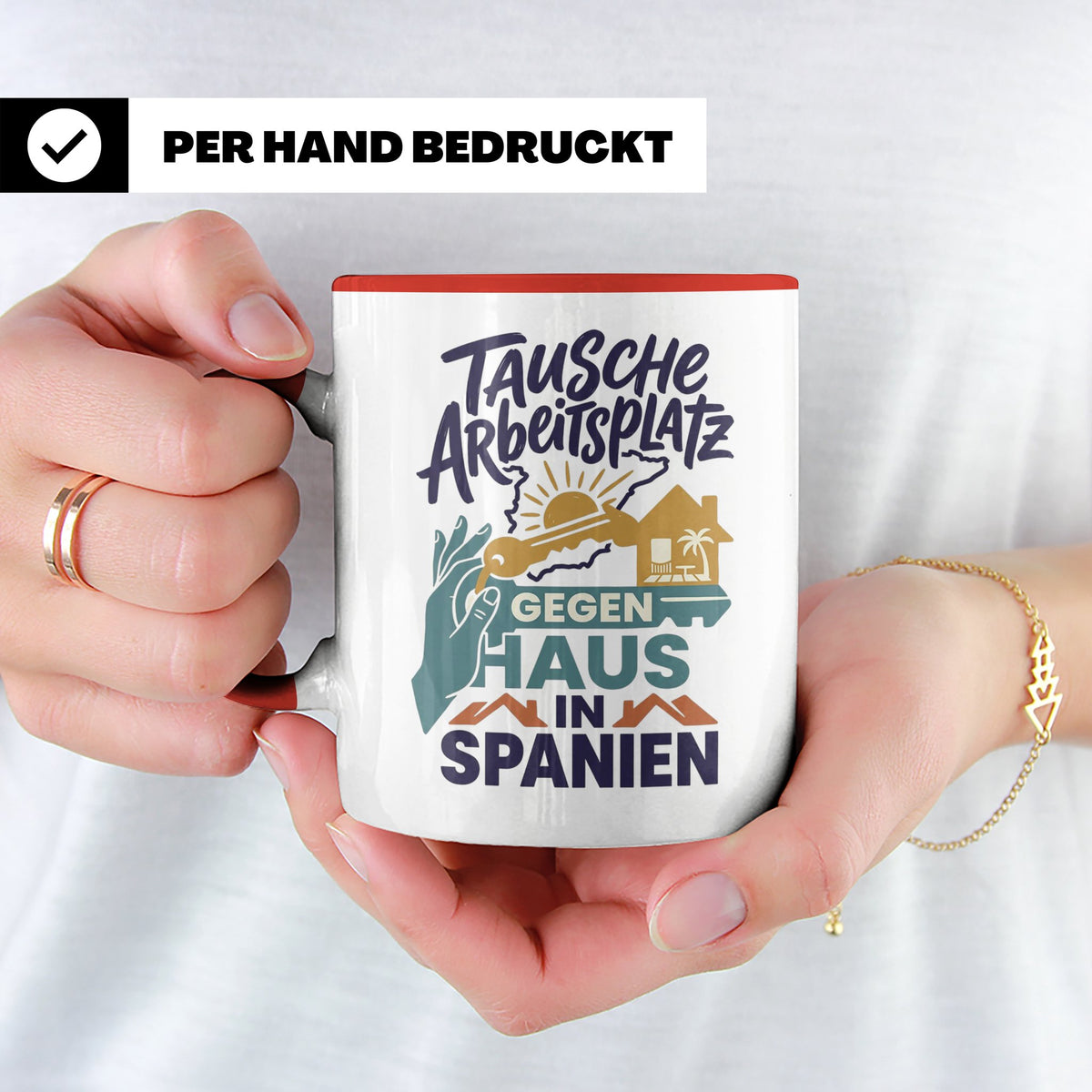 Tausche Arbeitsplatz gegen Haus in Spanien Tasse, lustiger S – Rot [farbe:rot]