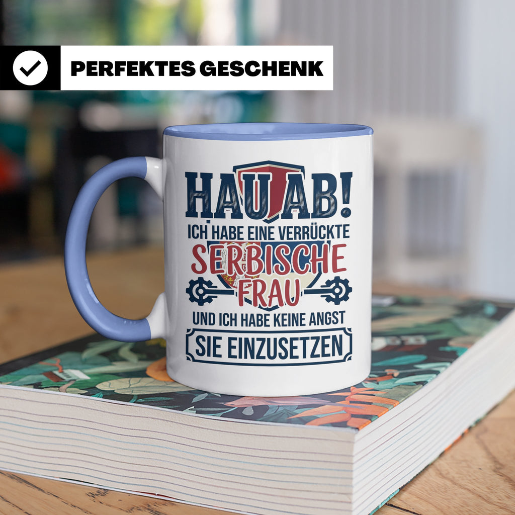 Verrückte Serbische Frau Tasse für Ehemann Lustiger Spruch S – Blau [farbe:blau]