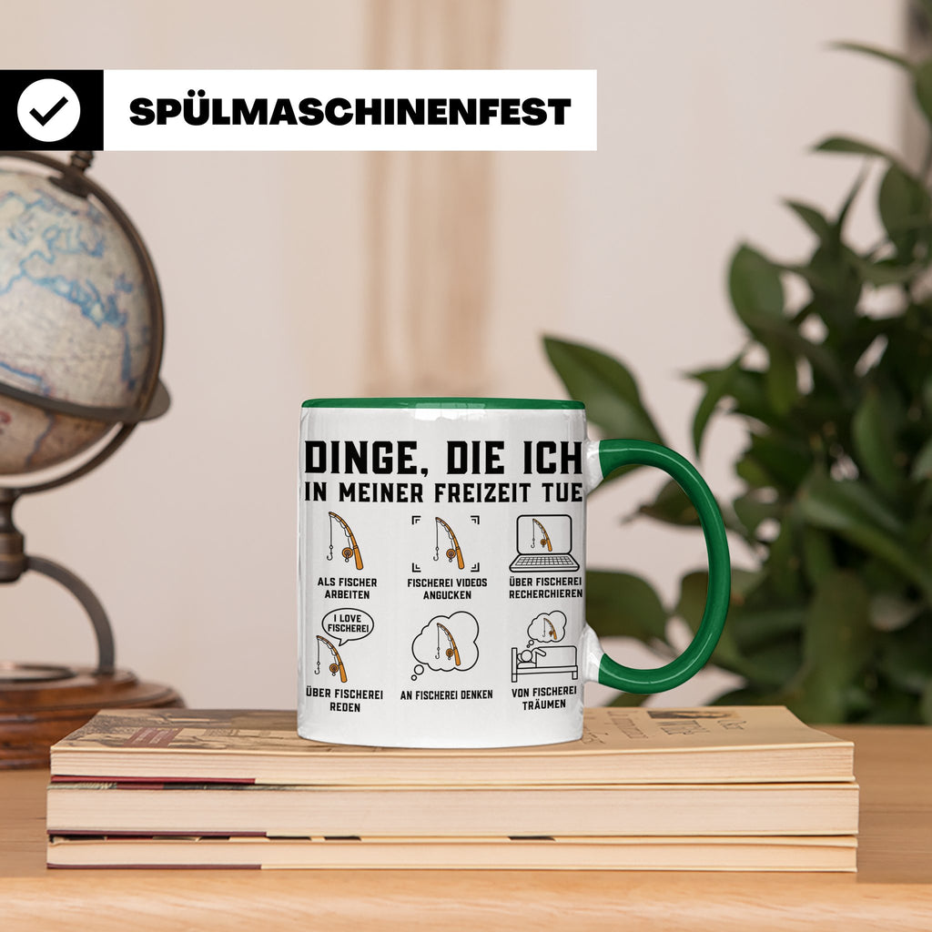 Angler Tasse mit Spruch Dinge die ich tue. Lustiges Fischer  – Grün [farbe:grün]