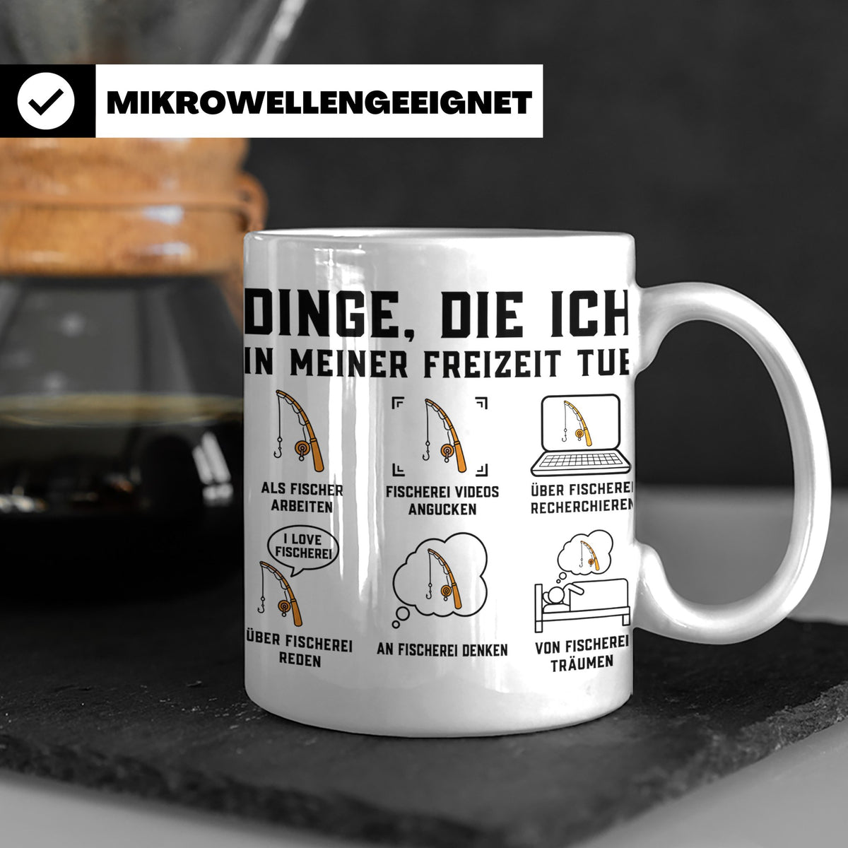 Angler Tasse mit Spruch Dinge die ich tue. Lustiges Fischer  – Weiß [farbe:weiß]
