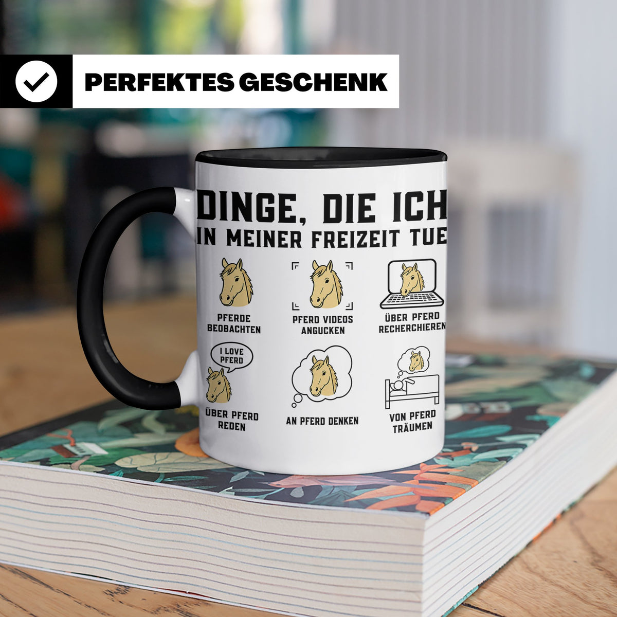 Pferde Tasse 'Dinge die ich tue' lustiger Spruch für Reiteri – Schwarz [farbe:schwarz]
