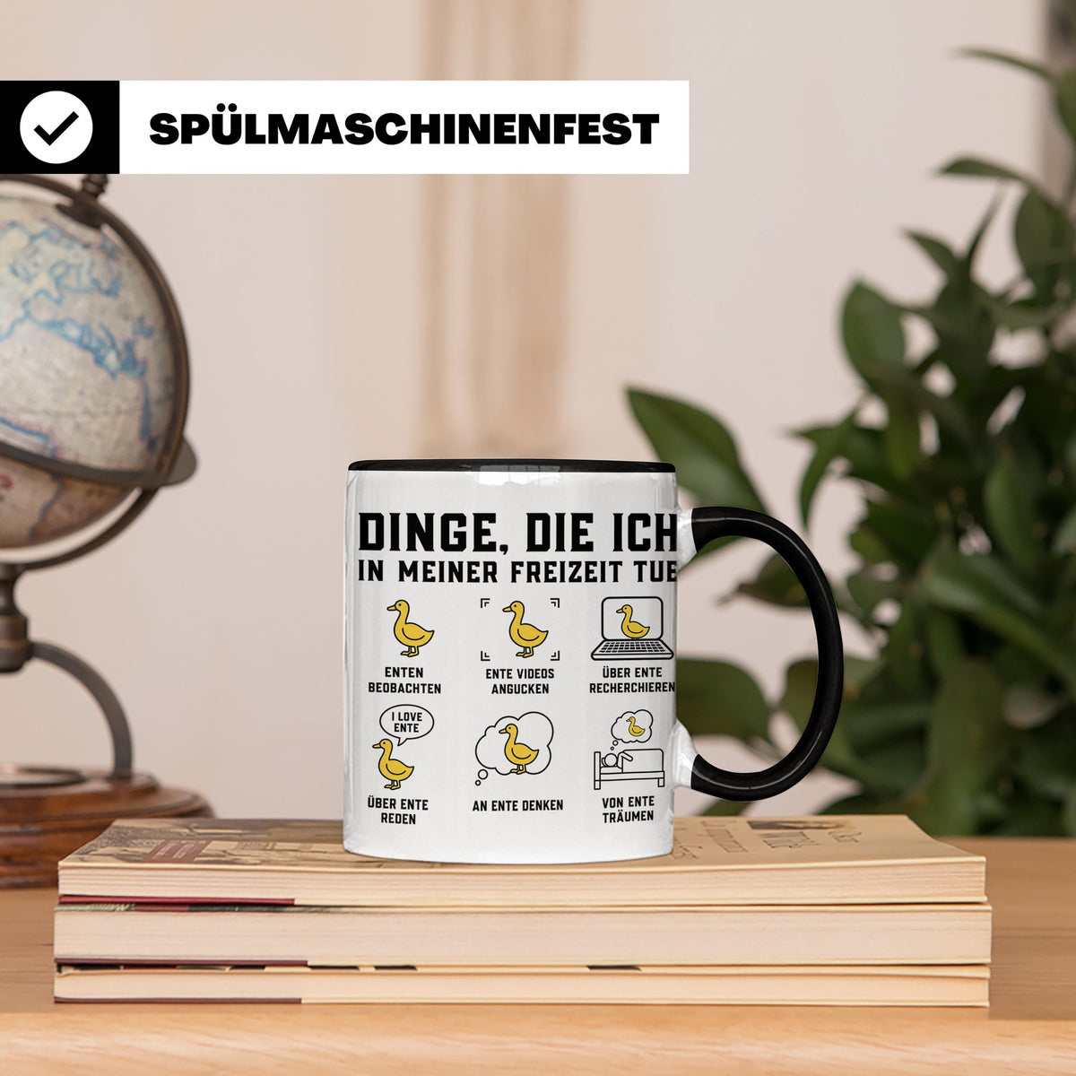Ente Tasse Spruch Dinge die ich in meiner Freizeit tue, Kaff – Schwarz [farbe:schwarz]