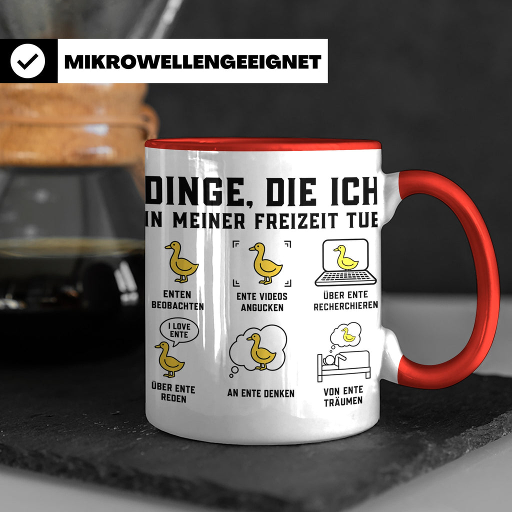 Ente Tasse Spruch Dinge die ich in meiner Freizeit tue, Kaff – Rot [farbe:rot]