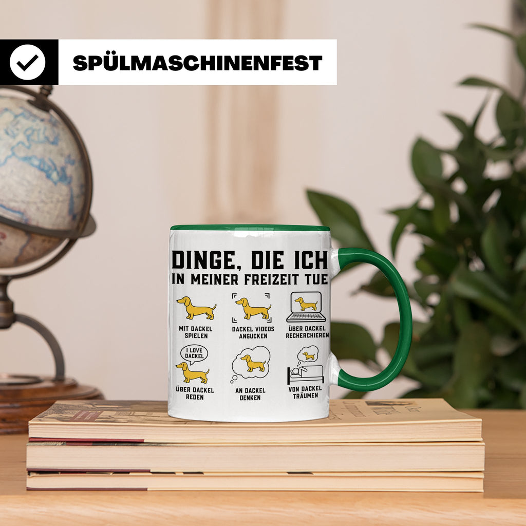 Dackel Tasse mit Spruch "Dinge, die ich in meiner Freizeit t – Grün [farbe:grün]