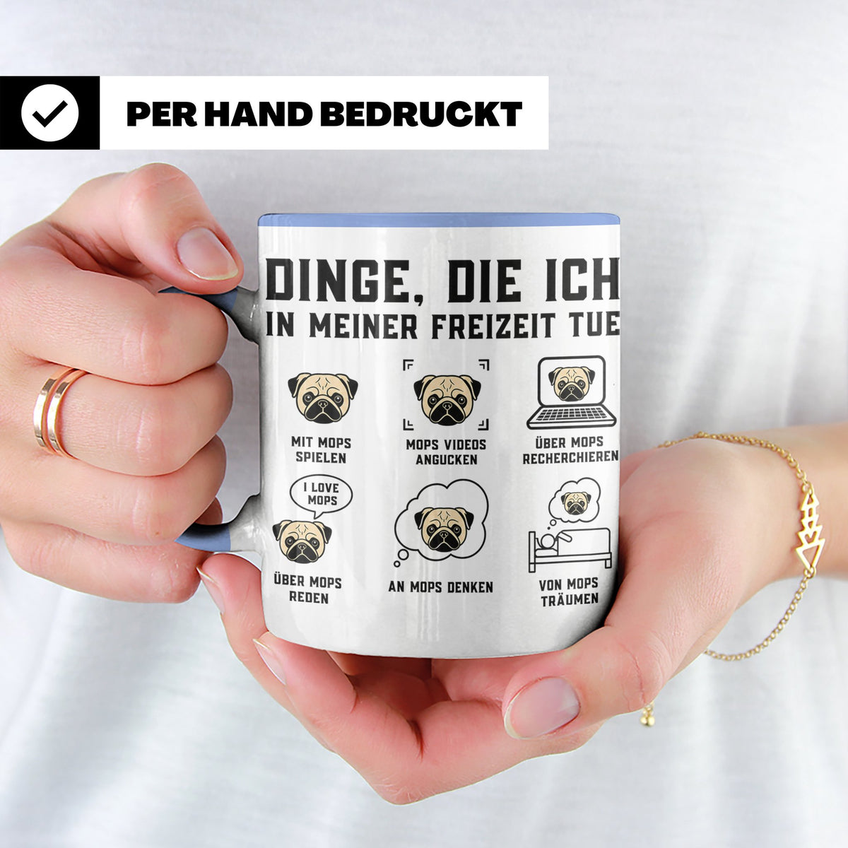 Mops Tasse 'Dinge die ich tue' | Lustiger Hundespruch für Mo – Blau [farbe:blau]