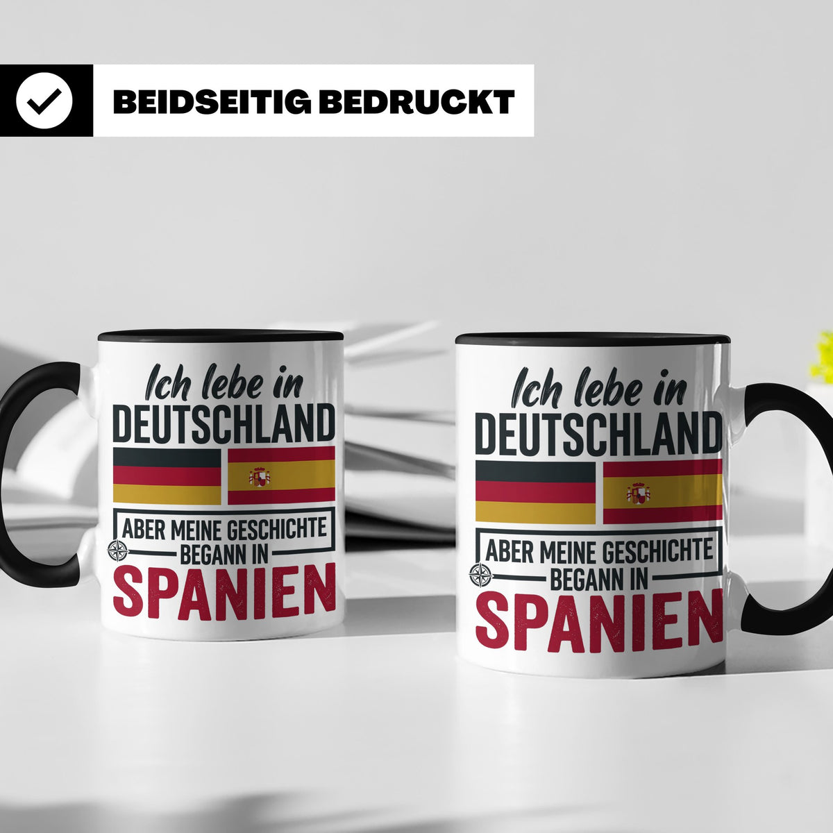 Spanier in Deutschland Tasse mit Spruch & Flagge. Geschenk f – Schwarz [farbe:schwarz]