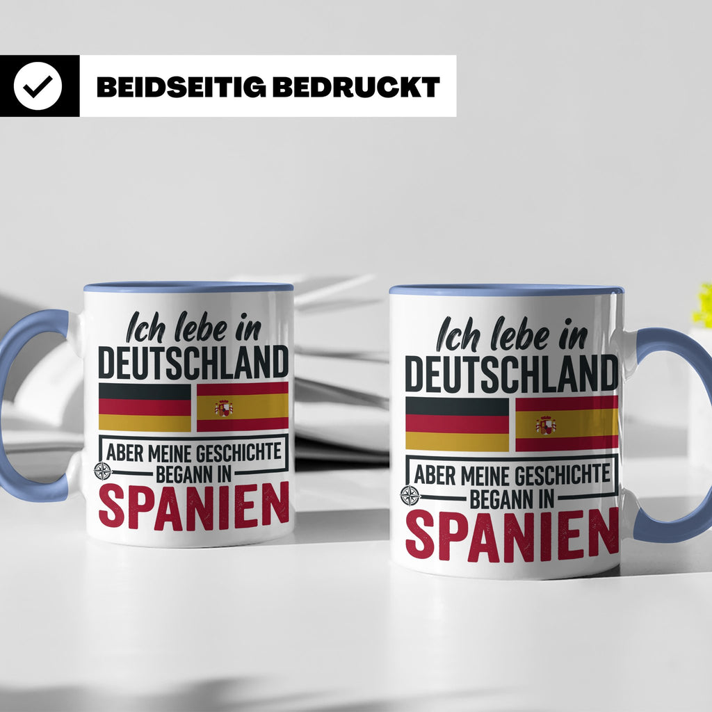 Spanier in Deutschland Tasse mit Spruch & Flagge. Geschenk f – Blau [farbe:blau]