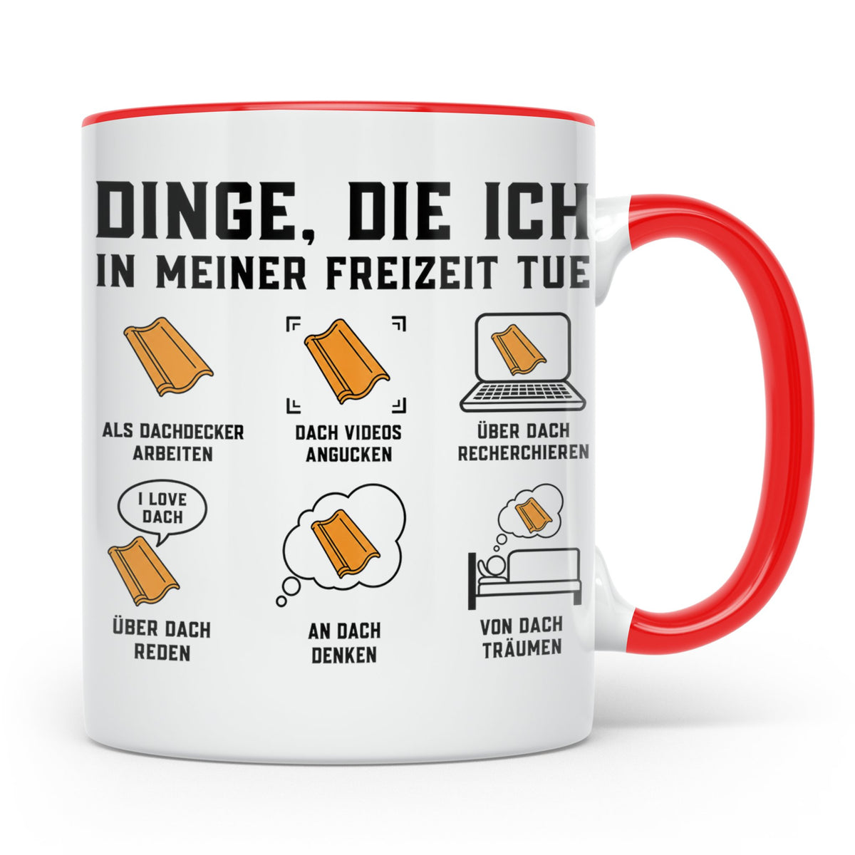 Dachdecker Tasse mit Spruch 'Dinge die ich in Freizeit tue', – Rot [farbe:rot]