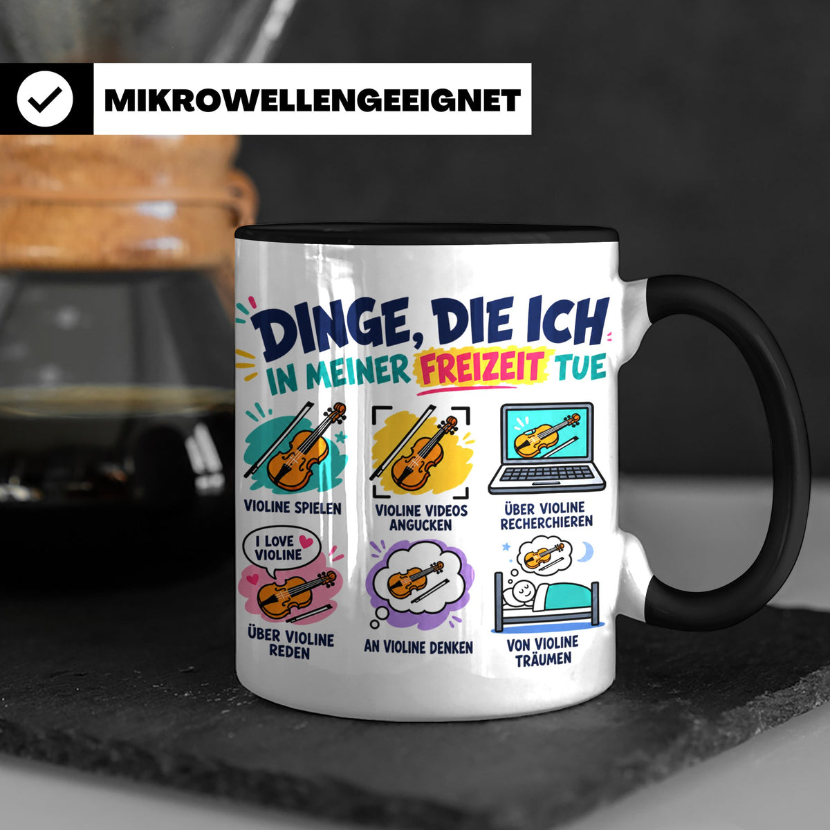 Violine Tasse mit Spruch Dinge die ich in meiner Freizeit tu – Schwarz [farbe:schwarz]