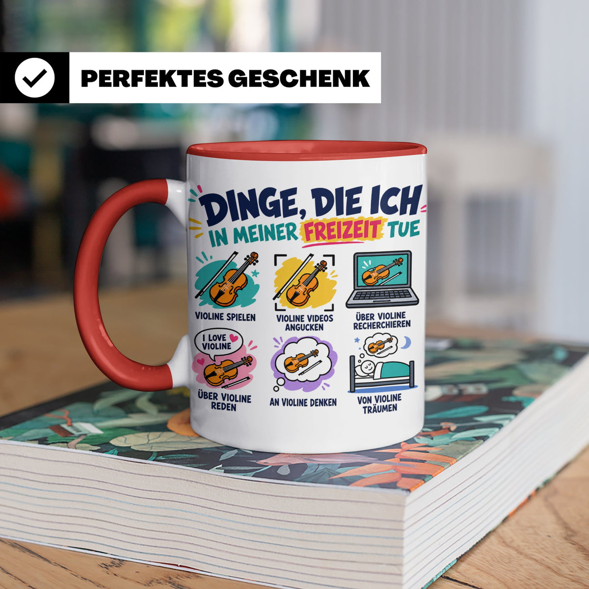 Violine Tasse mit Spruch Dinge die ich in meiner Freizeit tu – Rot [farbe:rot]