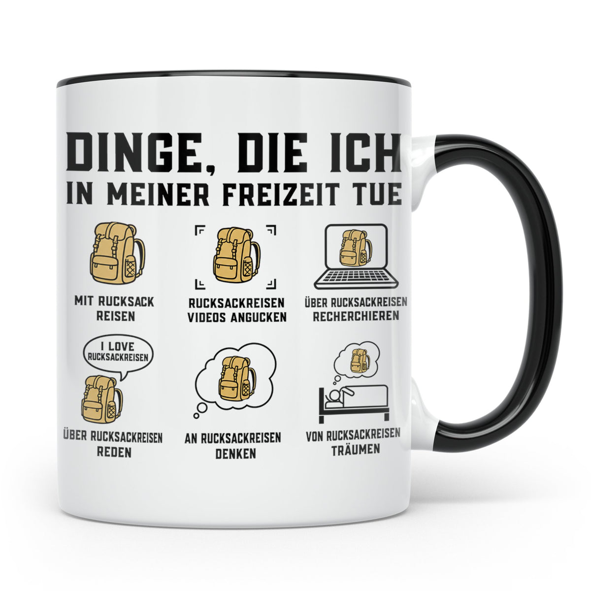 Rucksackreisen Tasse mit Spruch Dinge die ich tue | Geschenk – Schwarz [farbe:schwarz]