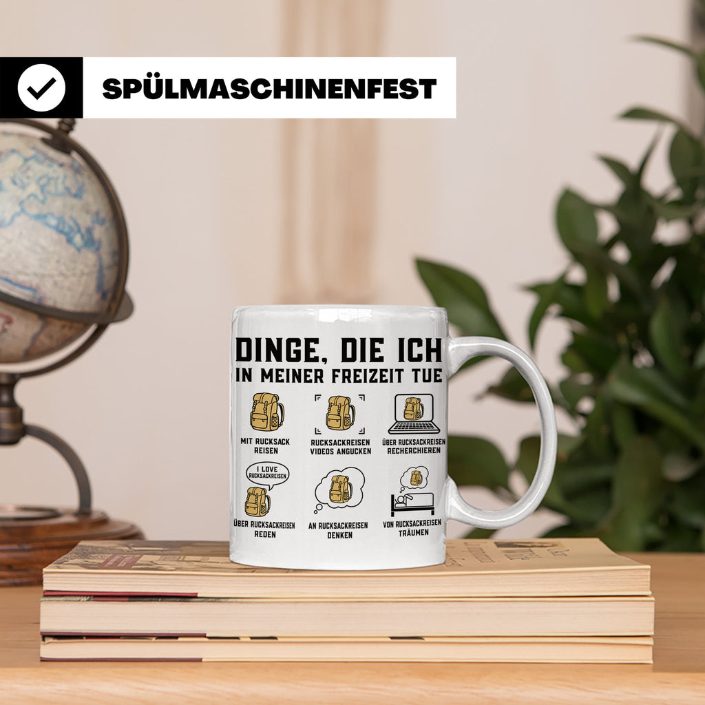 Rucksackreisen Tasse mit Spruch Dinge die ich tue | Geschenk – Weiß [farbe:weiß]