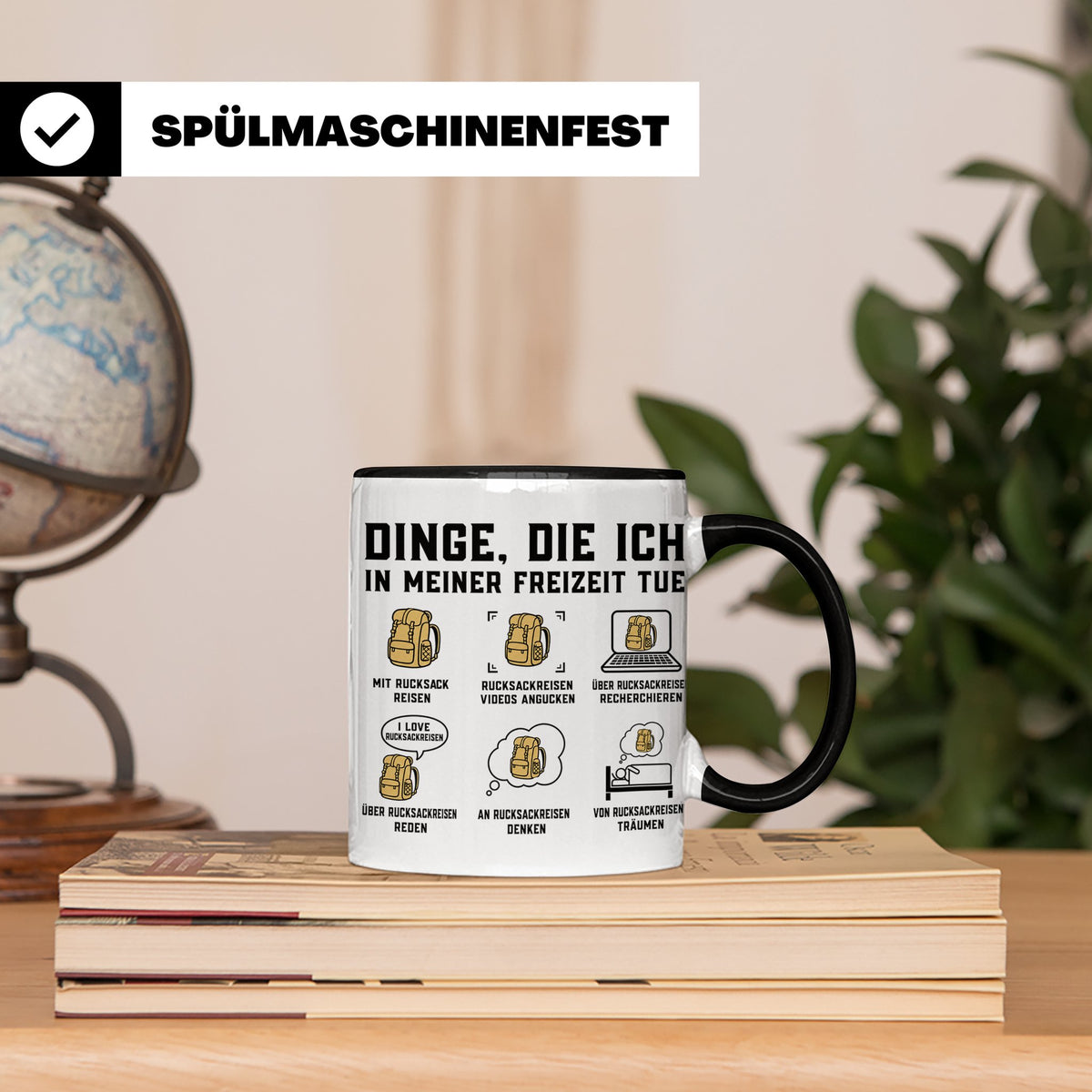 Rucksackreisen Tasse mit Spruch Dinge die ich tue | Geschenk – Schwarz [farbe:schwarz]