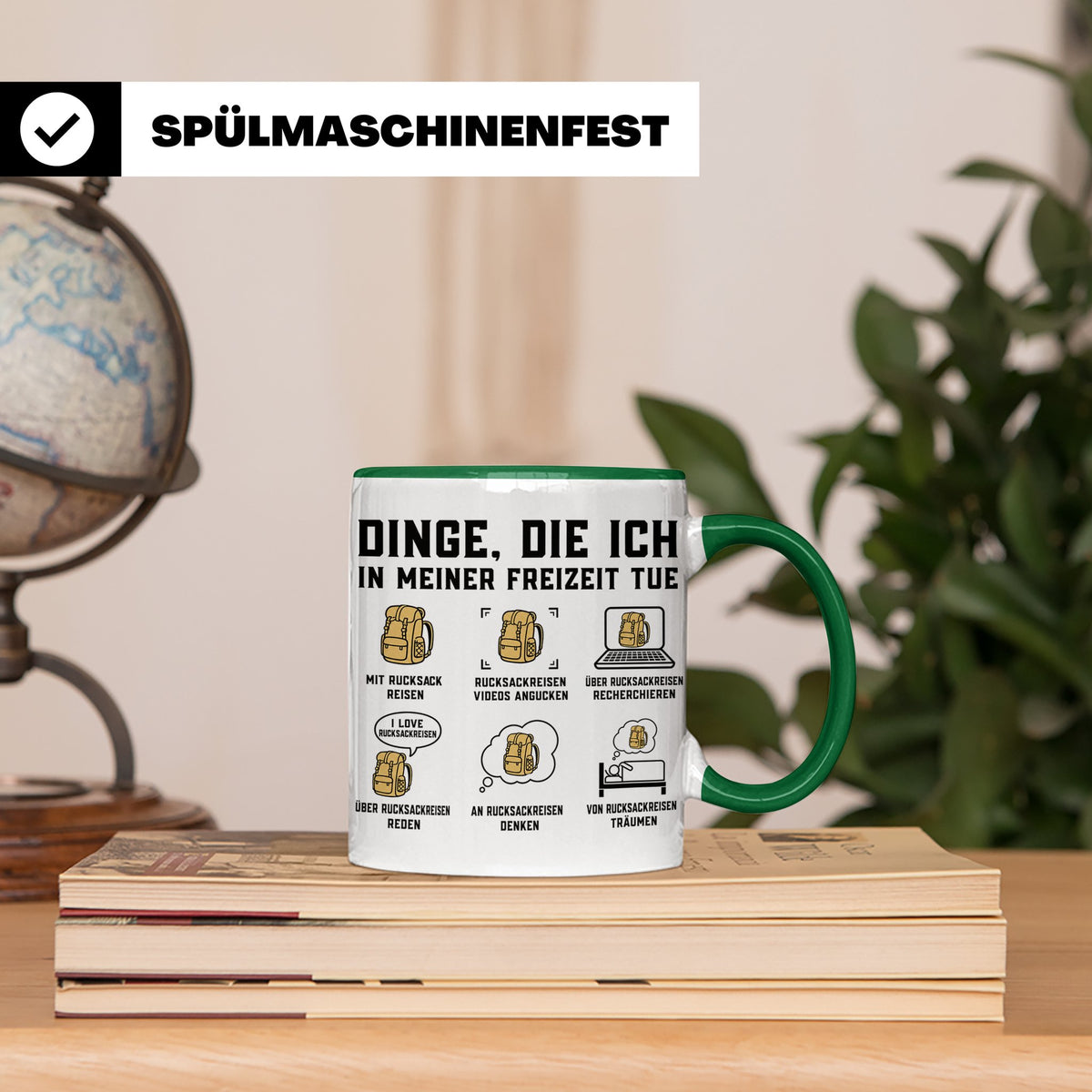 Rucksackreisen Tasse mit Spruch Dinge die ich tue | Geschenk – Grün [farbe:grün]