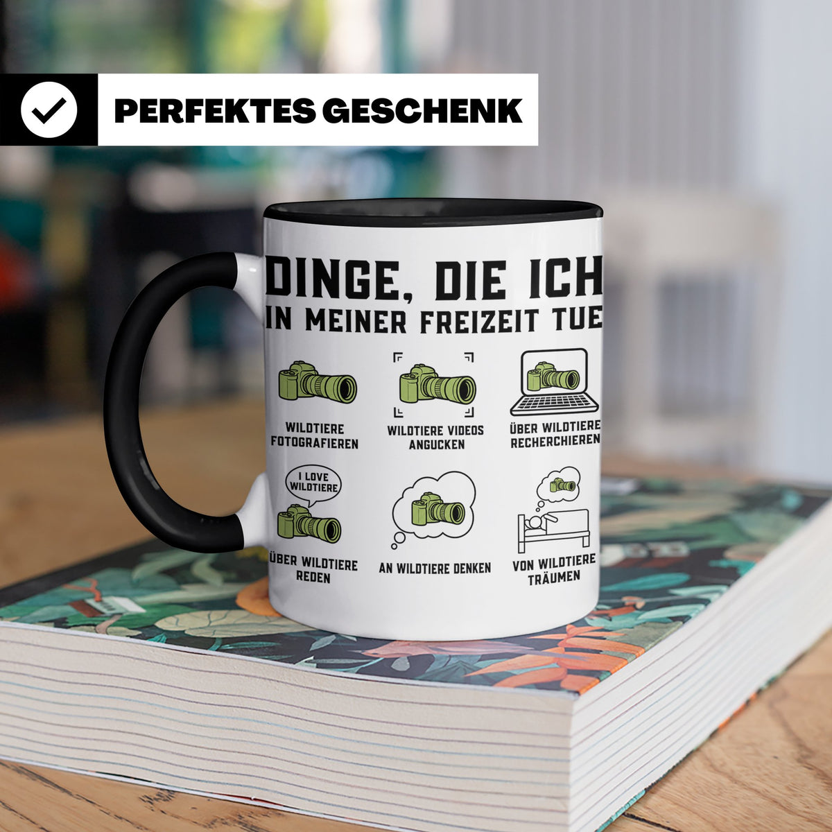 Wildtierfotografie Tasse lustiger Spruch, Dinge die ich in m – Schwarz [farbe:schwarz]