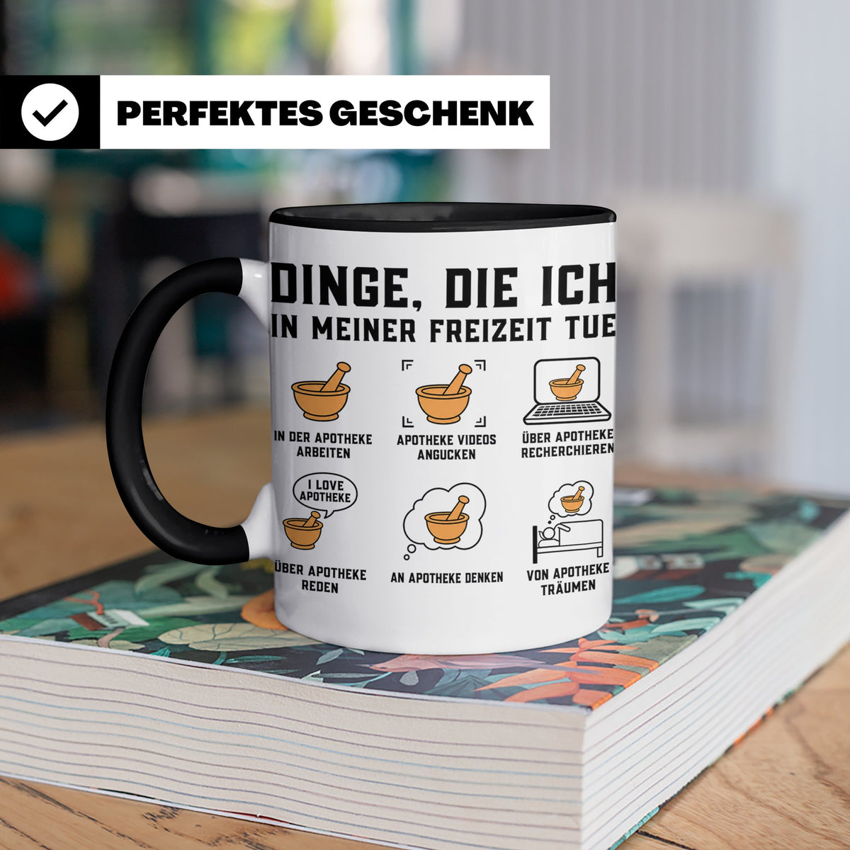 Apotheker Tasse mit Spruch Dinge die ich in meiner Freizeit  – Schwarz [farbe:schwarz]