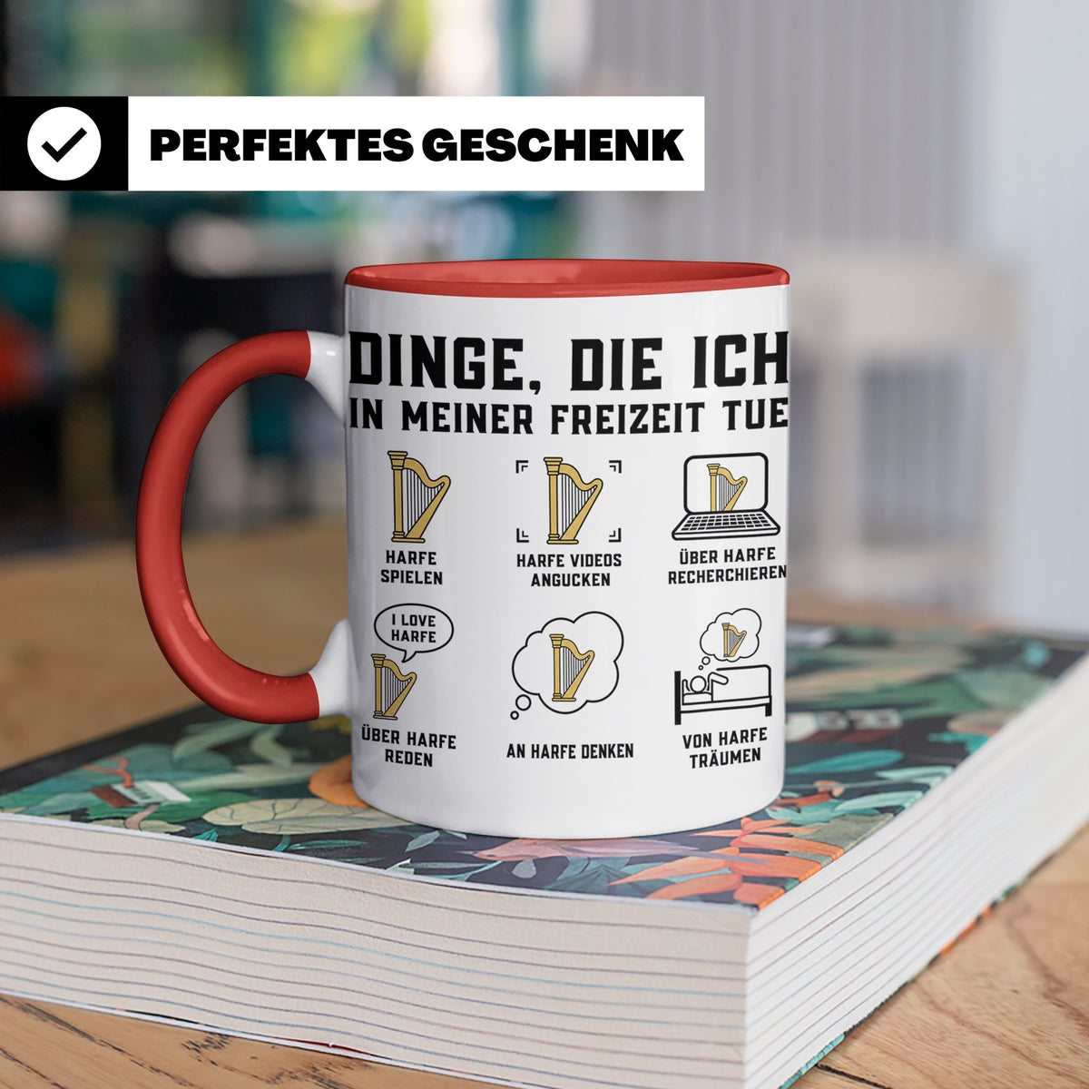 Harfe Tasse für Harfenisten, lustiger Spruch Dinge die ich t – Rot [farbe:rot]