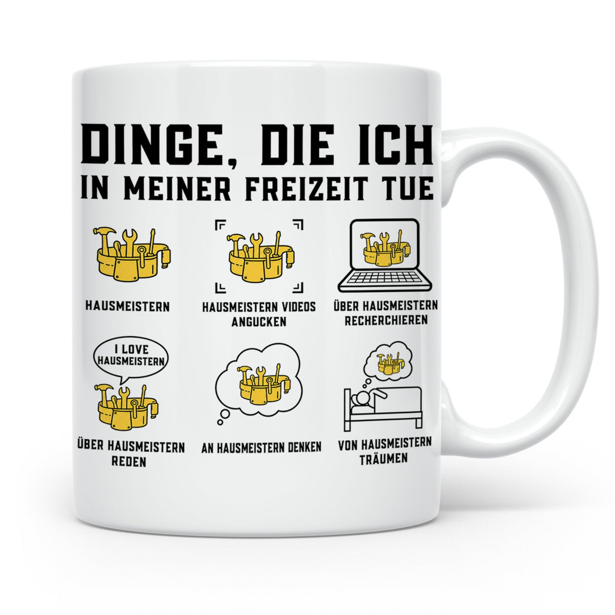 Hausmeister Tasse mit Spruch Dinge die ich in meiner Freizei – Weiß [farbe:weiß]