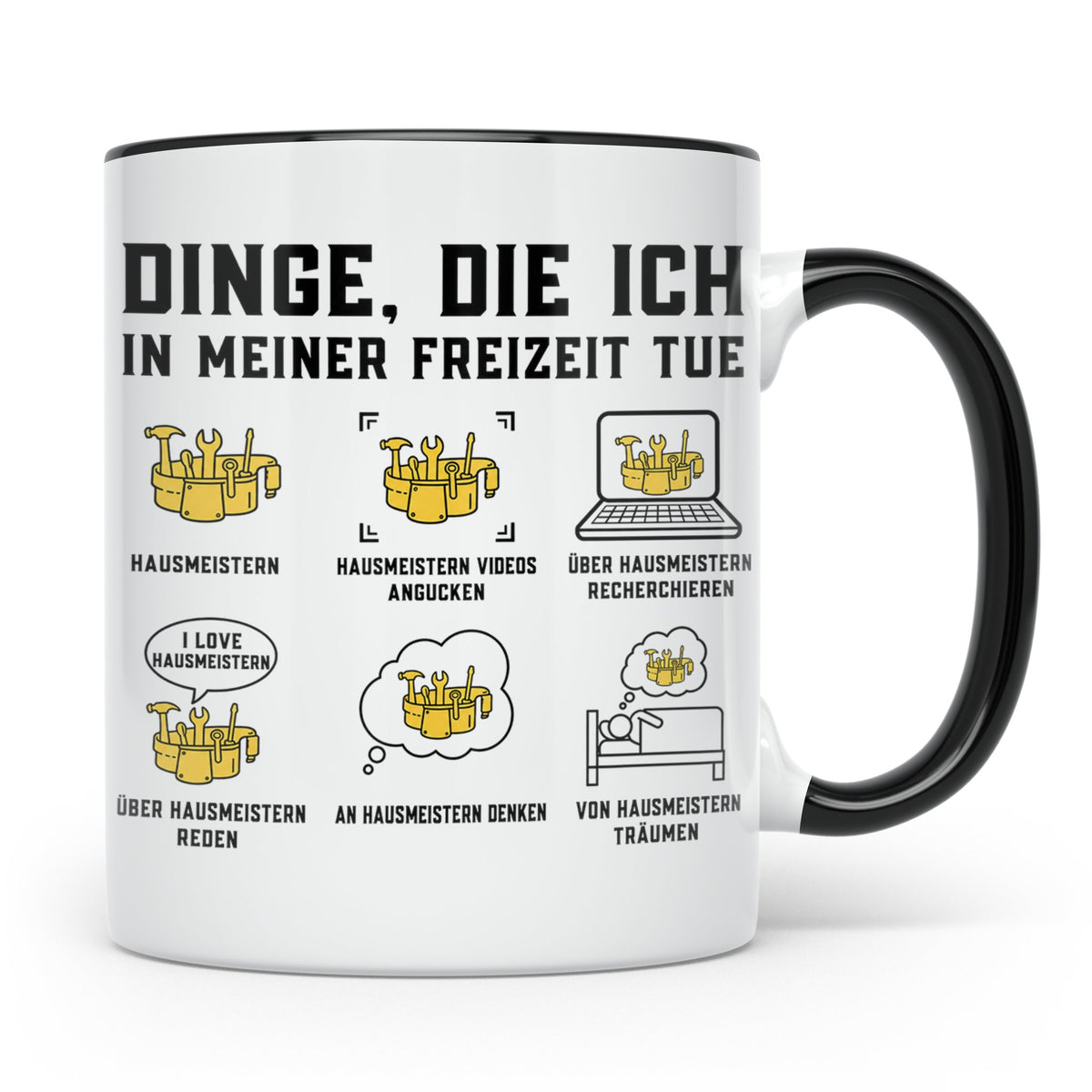 Hausmeister Tasse mit Spruch Dinge die ich in meiner Freizei – Schwarz [farbe:schwarz]