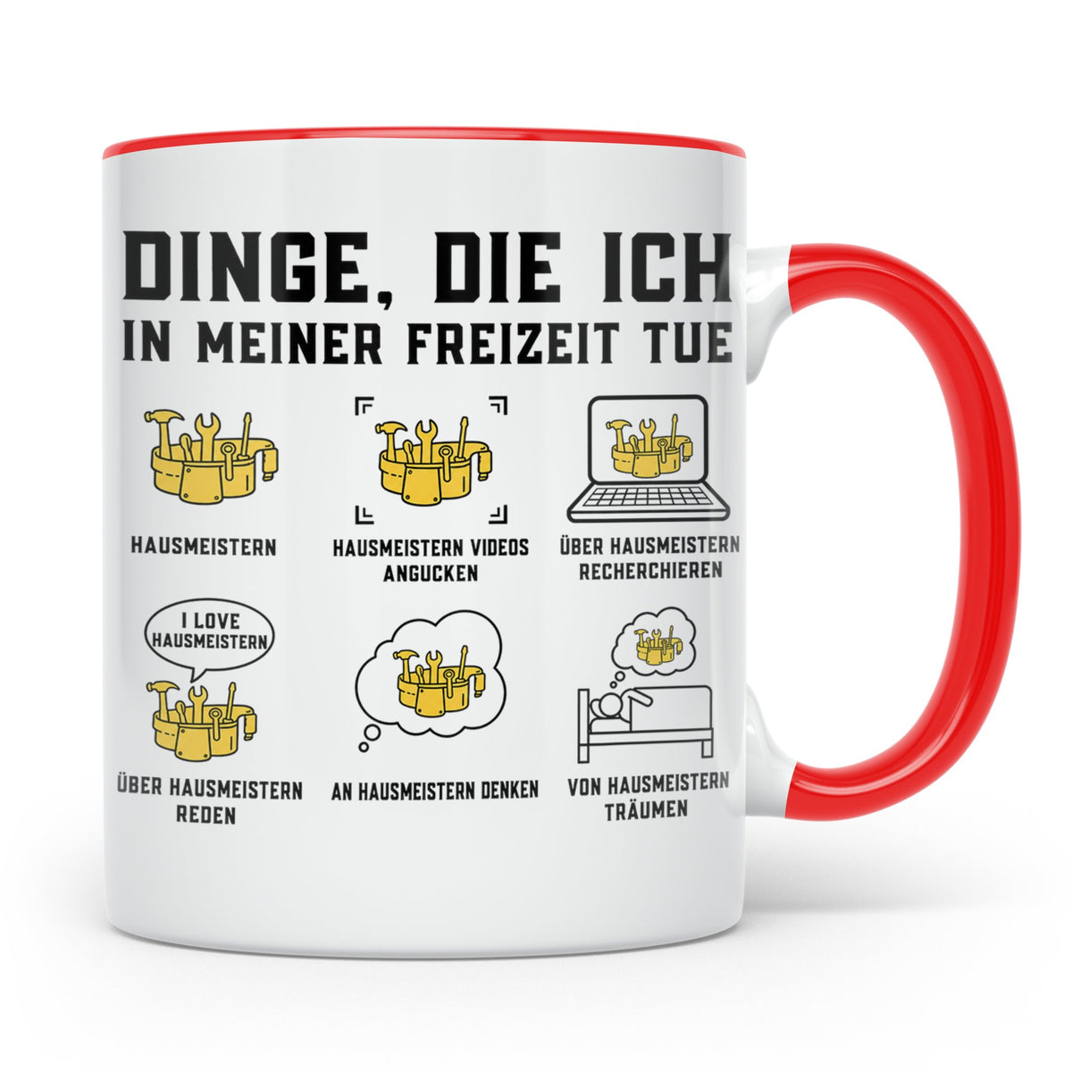 Hausmeister Tasse mit Spruch Dinge die ich in meiner Freizei – Rot [farbe:rot]