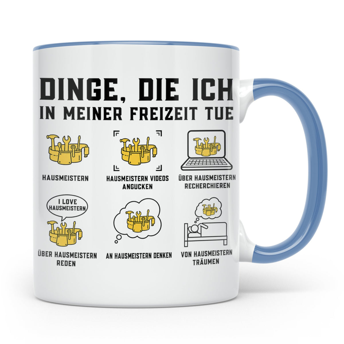 Hausmeister Tasse mit Spruch Dinge die ich in meiner Freizei – Blau [farbe:blau]