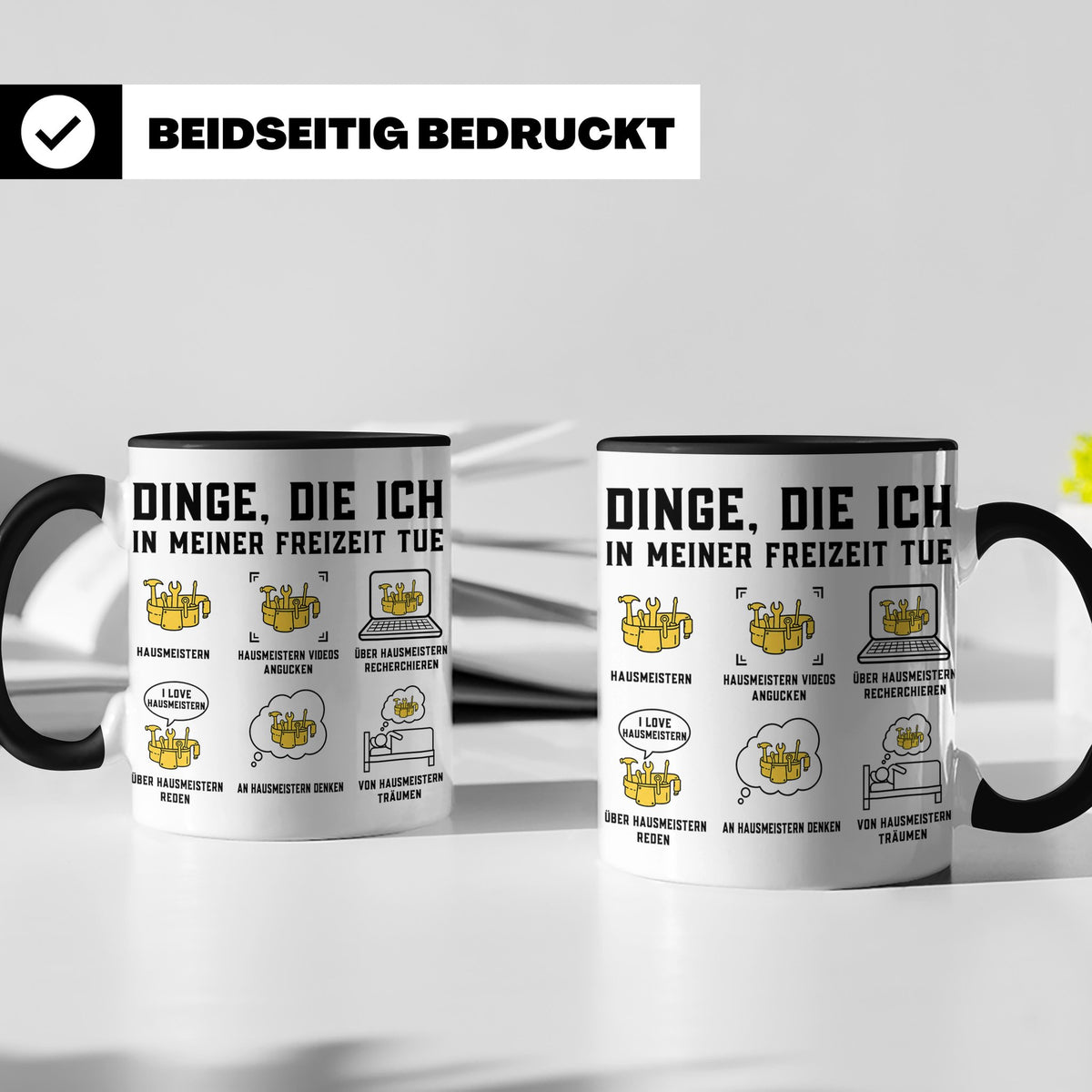 Hausmeister Tasse mit Spruch Dinge die ich in meiner Freizei – Schwarz [farbe:schwarz]