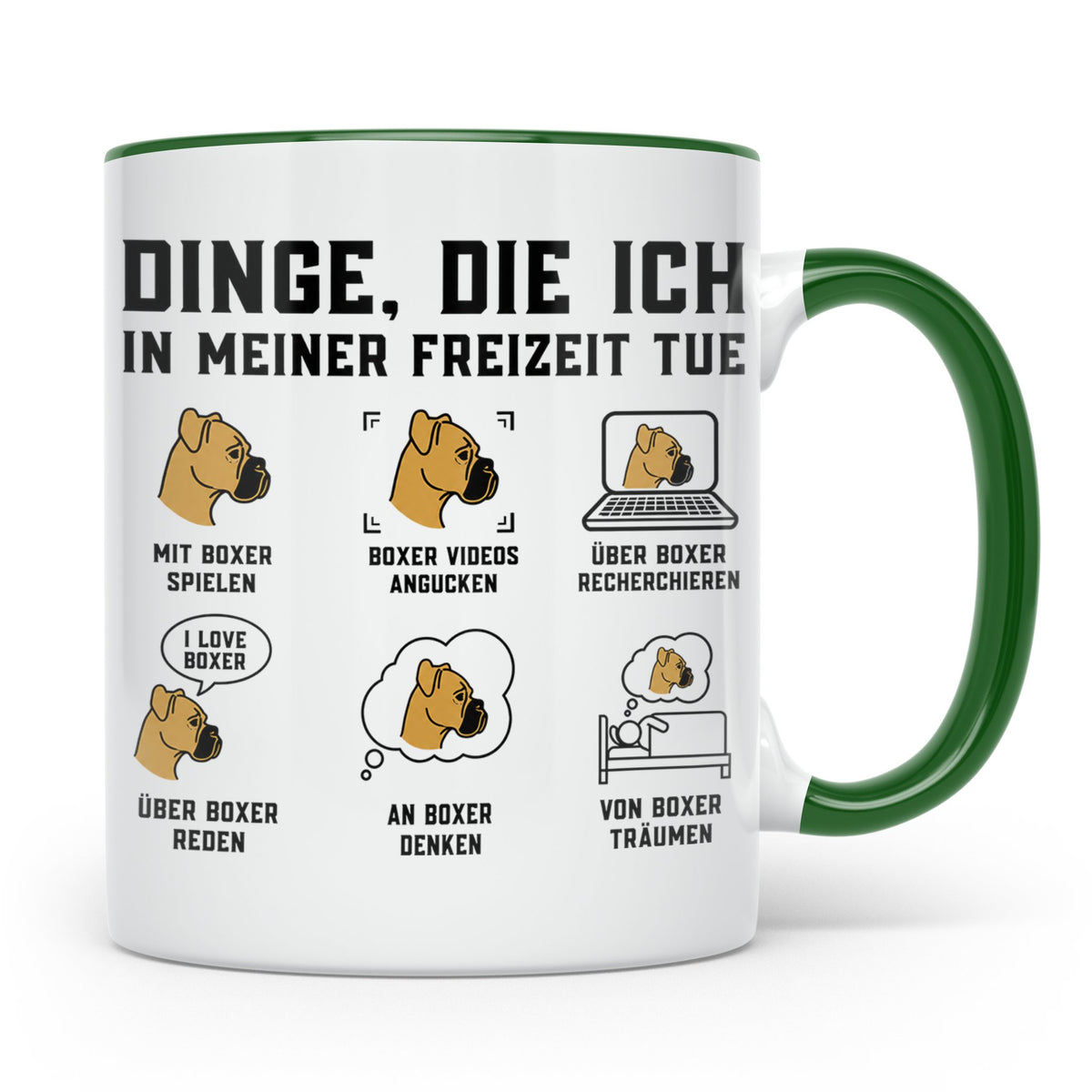 Boxer Hund Tasse 'Dinge die ich in meiner Freizeit tue' | lu – Grün [farbe:grün]