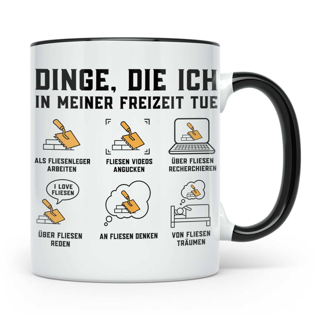 Fliesenleger Tasse mit Spruch 'Dinge die ich in meiner Freiz – Schwarz [farbe:schwarz]
