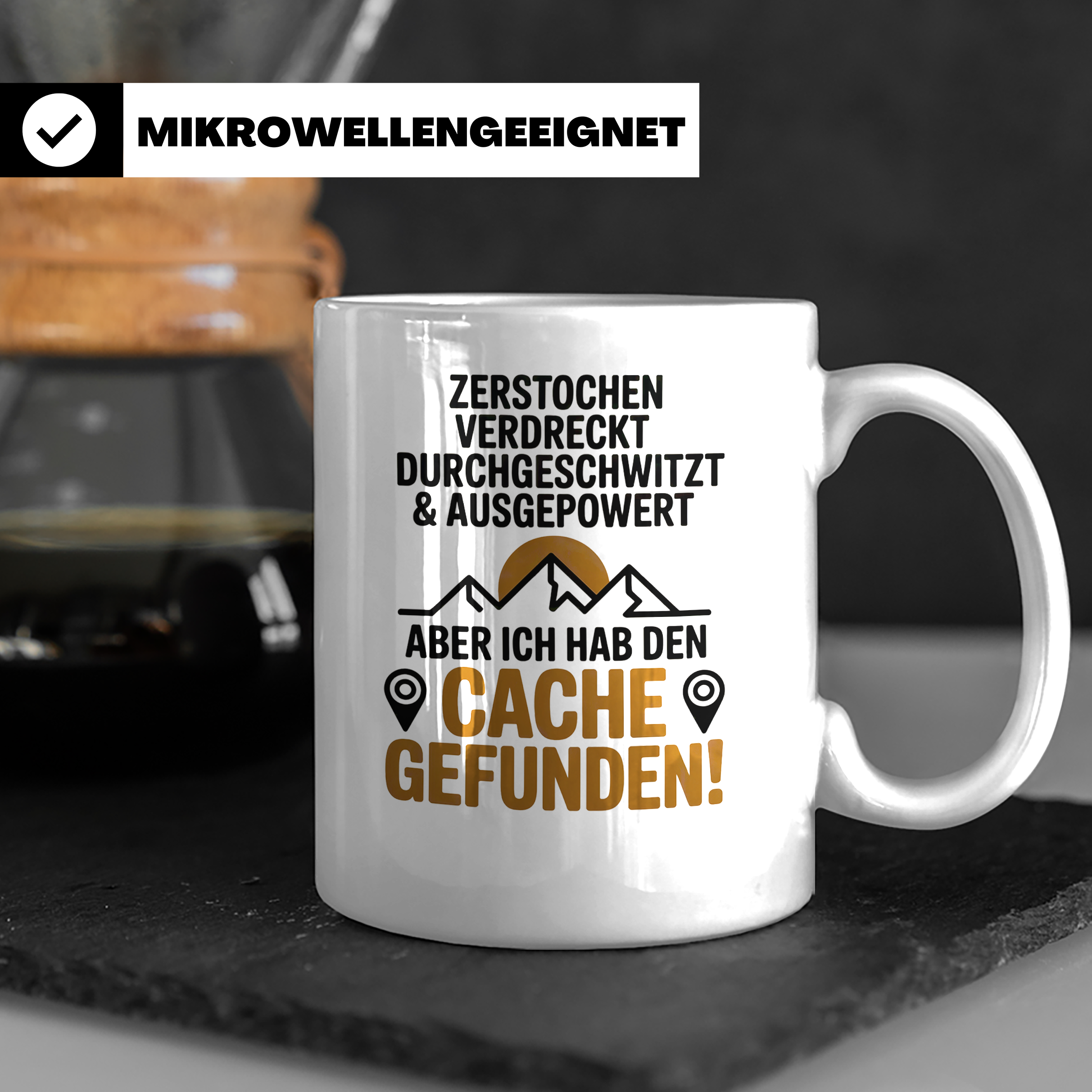 Geocaching Tasse - Zerstochen Verdreckt Cache gefunden Gesch – Weiß [farbe:weiß]