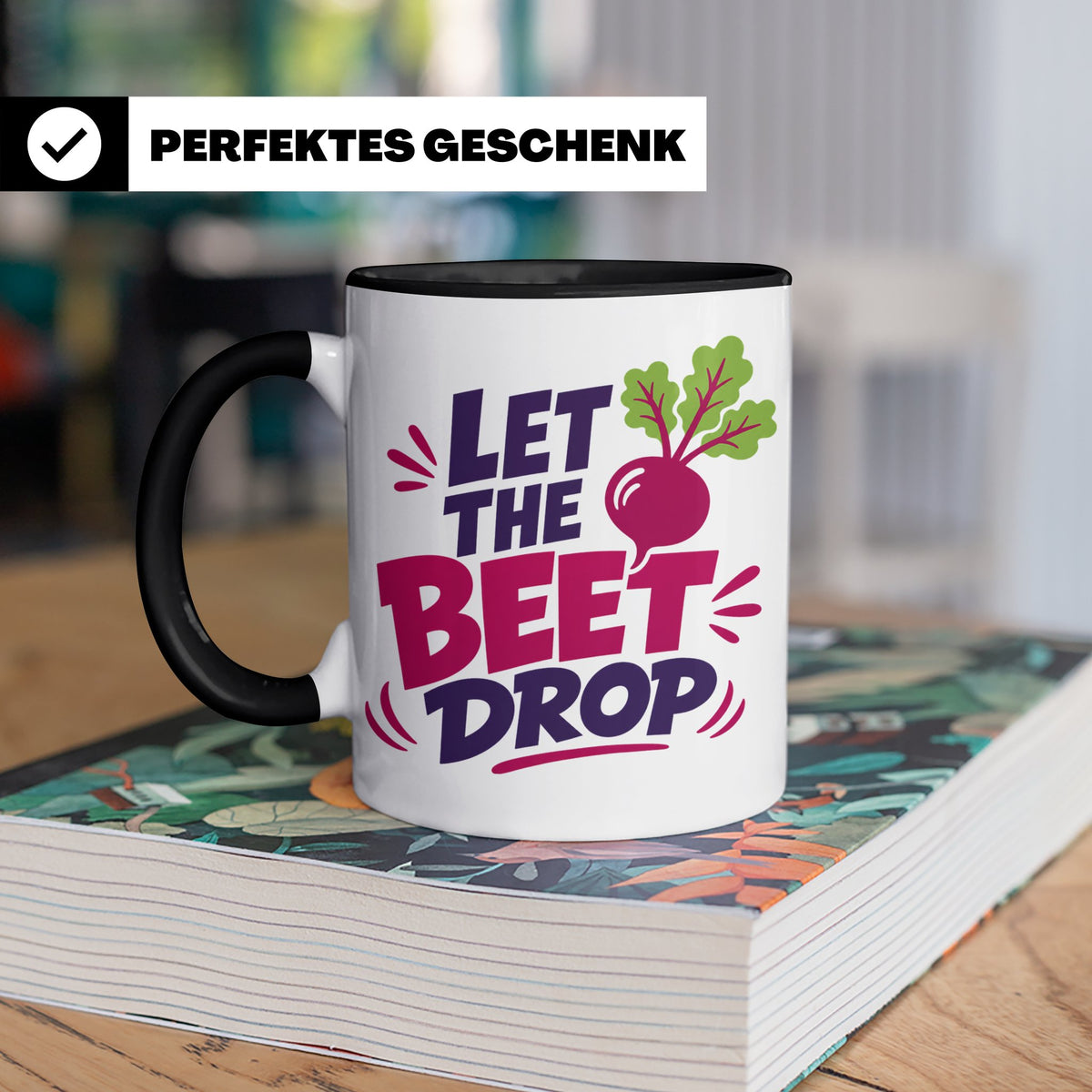 Let The Beet Drop Tasse für DJs & Gärtner, Lustiger Veganer  – Schwarz [farbe:schwarz]