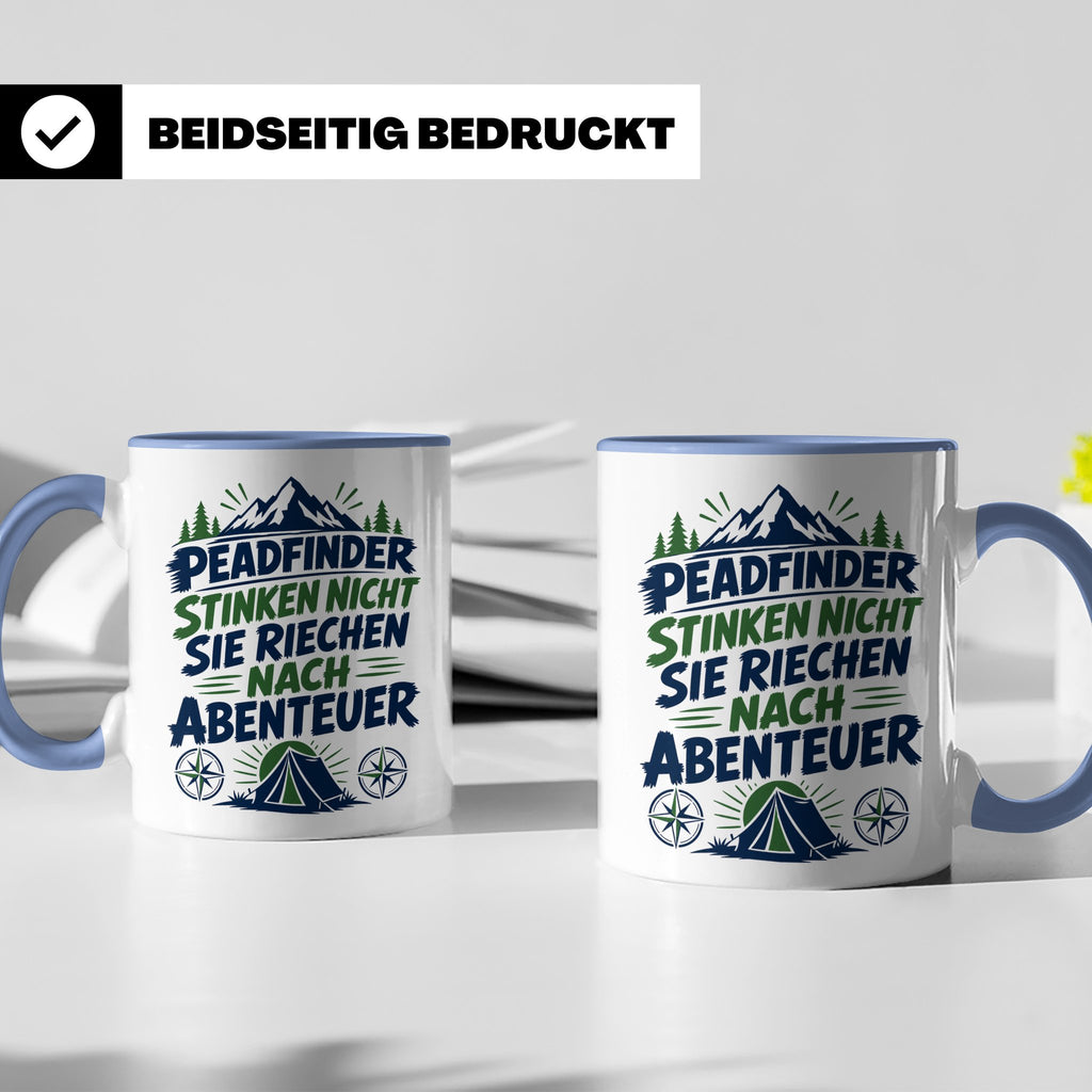 Pfadfinder Tasse Spruch Riechen nach Abenteuer | Camping Zel – Blau [farbe:blau]