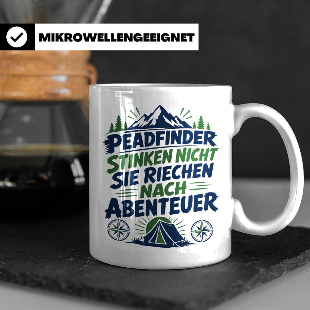 Pfadfinder Tasse Spruch Riechen nach Abenteuer | Camping Zel – Weiß [farbe:weiß]