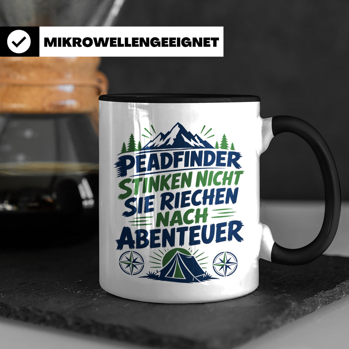 Pfadfinder Tasse Spruch Riechen nach Abenteuer | Camping Zel – Schwarz [farbe:schwarz]