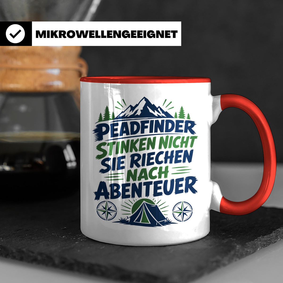 Pfadfinder Tasse Spruch Riechen nach Abenteuer | Camping Zel – Rot [farbe:rot]