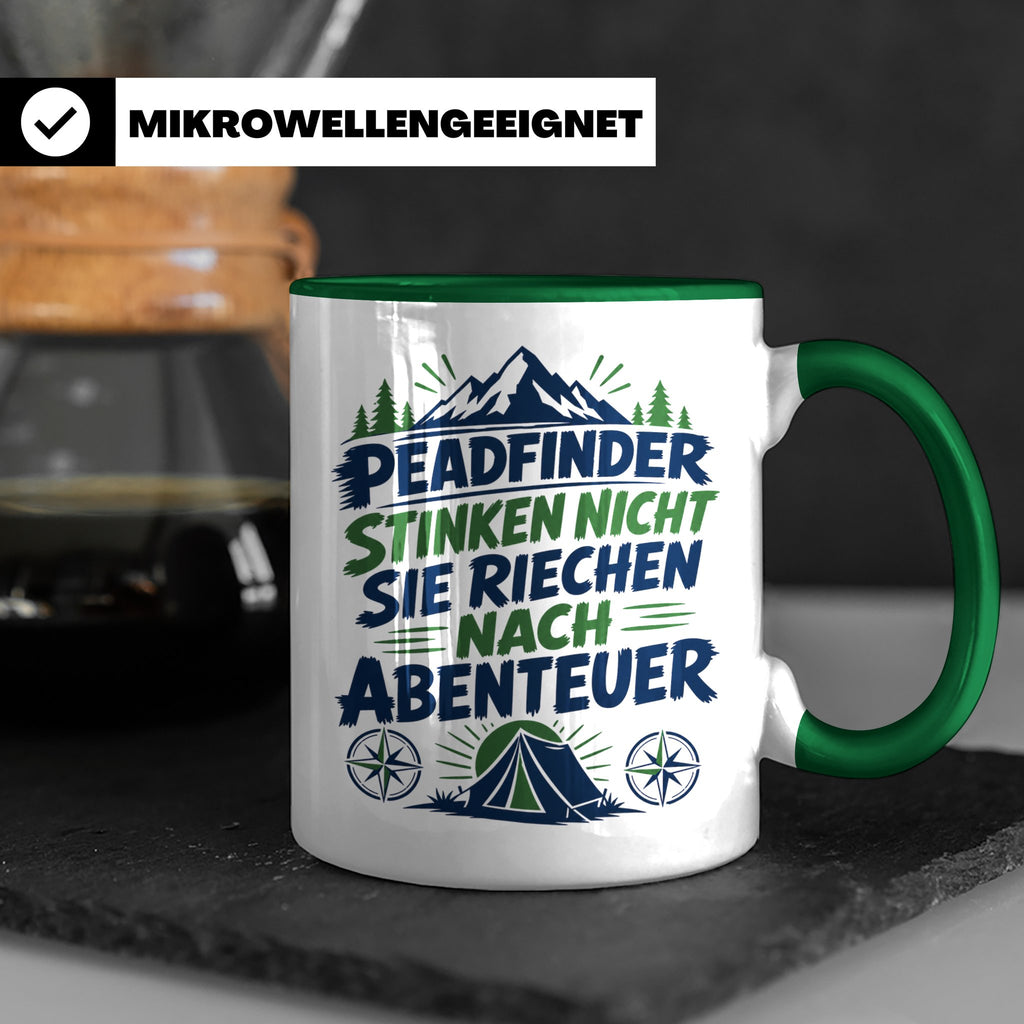 Pfadfinder Tasse Spruch Riechen nach Abenteuer | Camping Zel – Grün [farbe:grün]