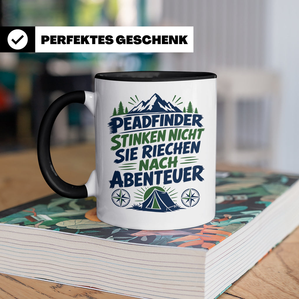 Pfadfinder Tasse Spruch Riechen nach Abenteuer | Camping Zel – Schwarz [farbe:schwarz]