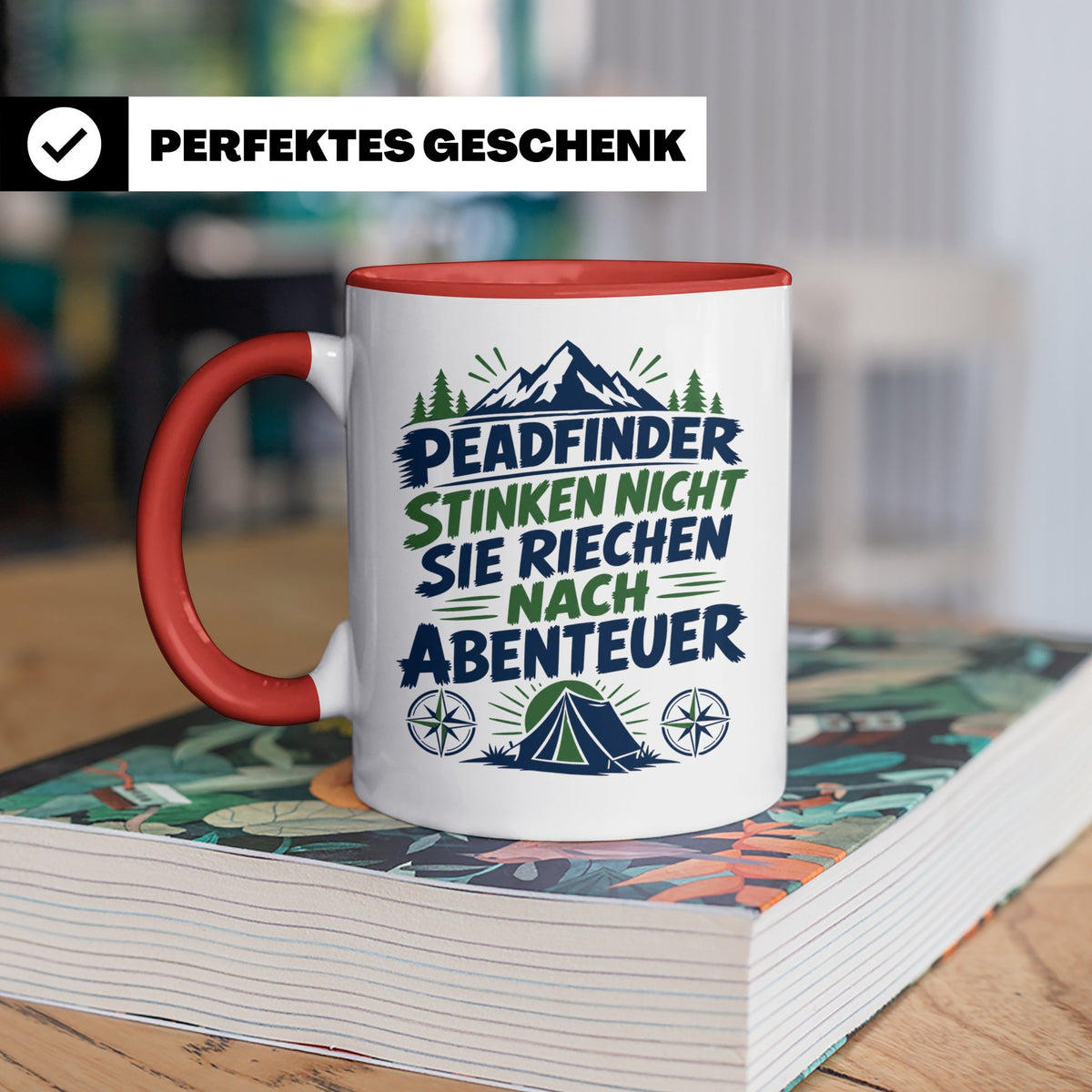 Pfadfinder Tasse Spruch Riechen nach Abenteuer | Camping Zel – Rot [farbe:rot]