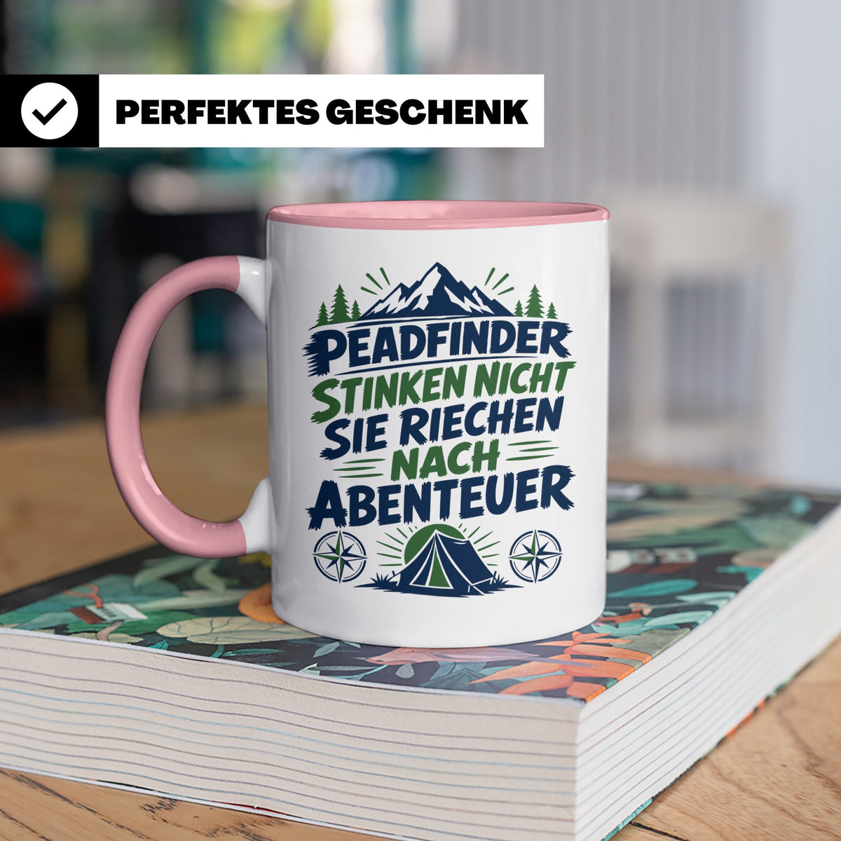 Pfadfinder Tasse Spruch Riechen nach Abenteuer | Camping Zel – Rosa [farbe:rosa]