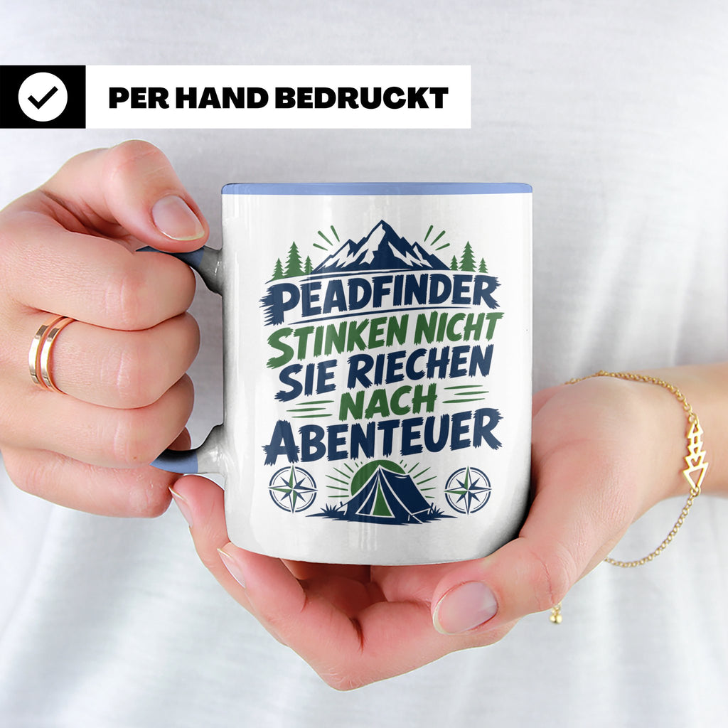 Pfadfinder Tasse Spruch Riechen nach Abenteuer | Camping Zel – Blau [farbe:blau]
