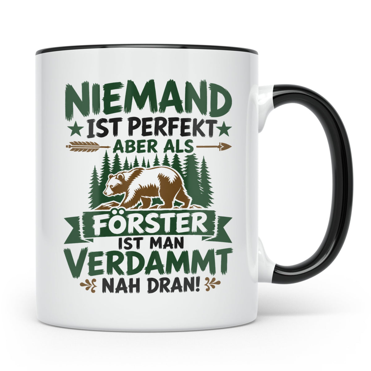Förster Tasse mit Spruch Niemand ist perfekt & Bär Motiv | G – Schwarz [farbe:schwarz]