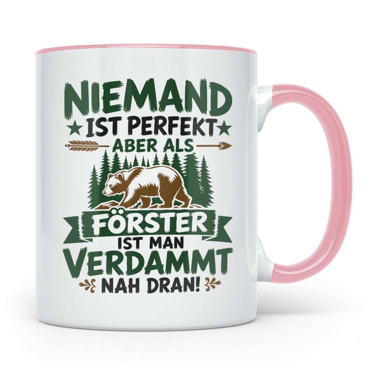 Förster Tasse mit Spruch Niemand ist perfekt & Bär Motiv | G – Rosa [farbe:rosa]