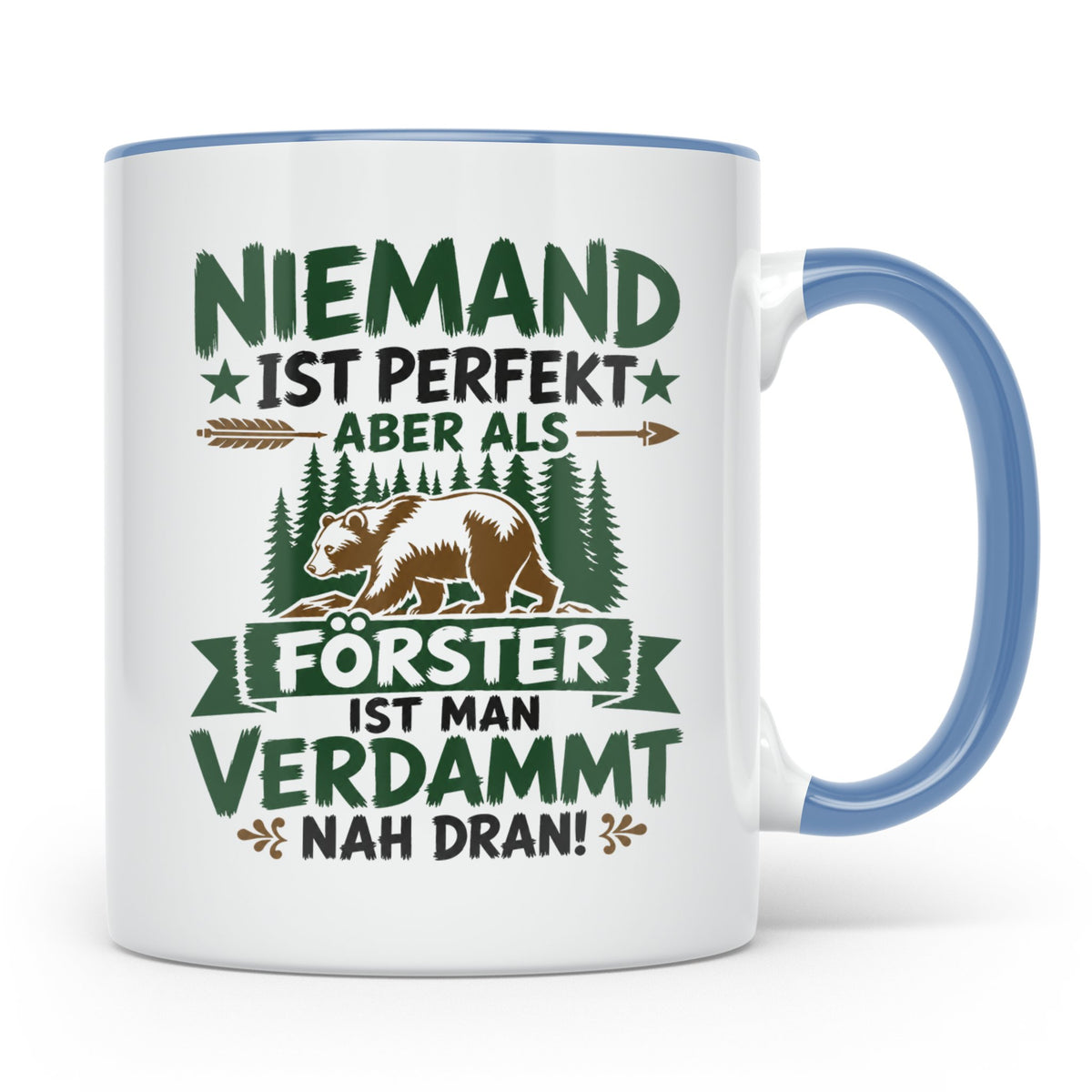 Förster Tasse mit Spruch Niemand ist perfekt & Bär Motiv | G – Blau [farbe:blau]