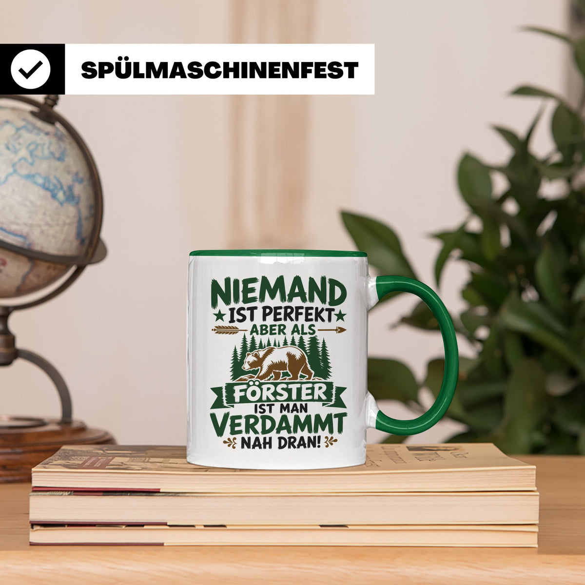 Förster Tasse mit Spruch Niemand ist perfekt & Bär Motiv | G – Grün [farbe:grün]