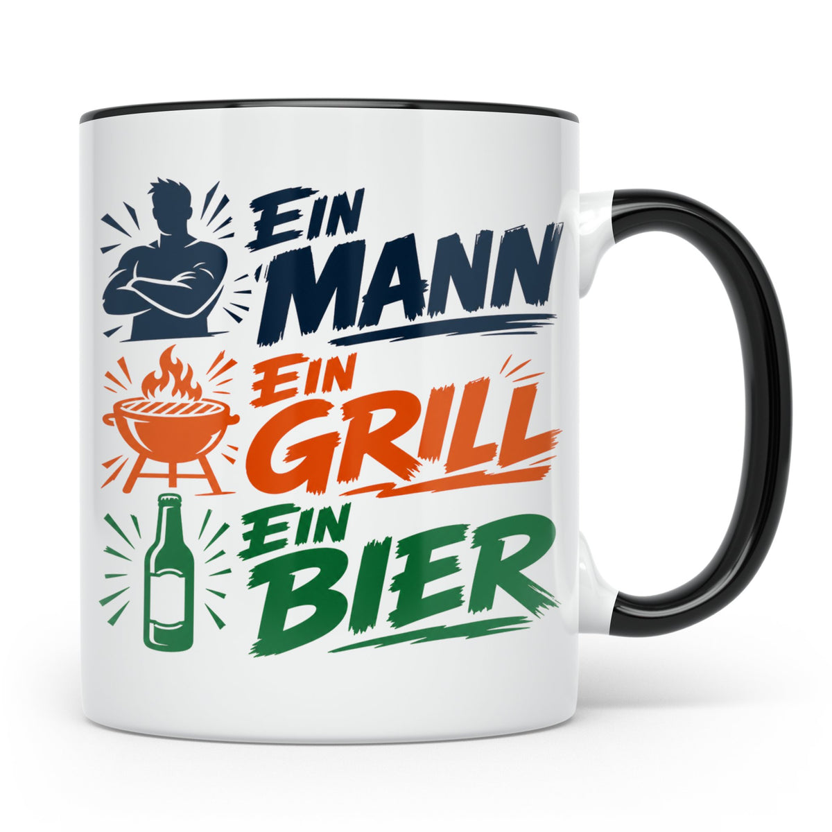 Grillmeister Tasse mit Spruch Ein Mann Ein Grill Ein Bier. L – Schwarz [farbe:schwarz]