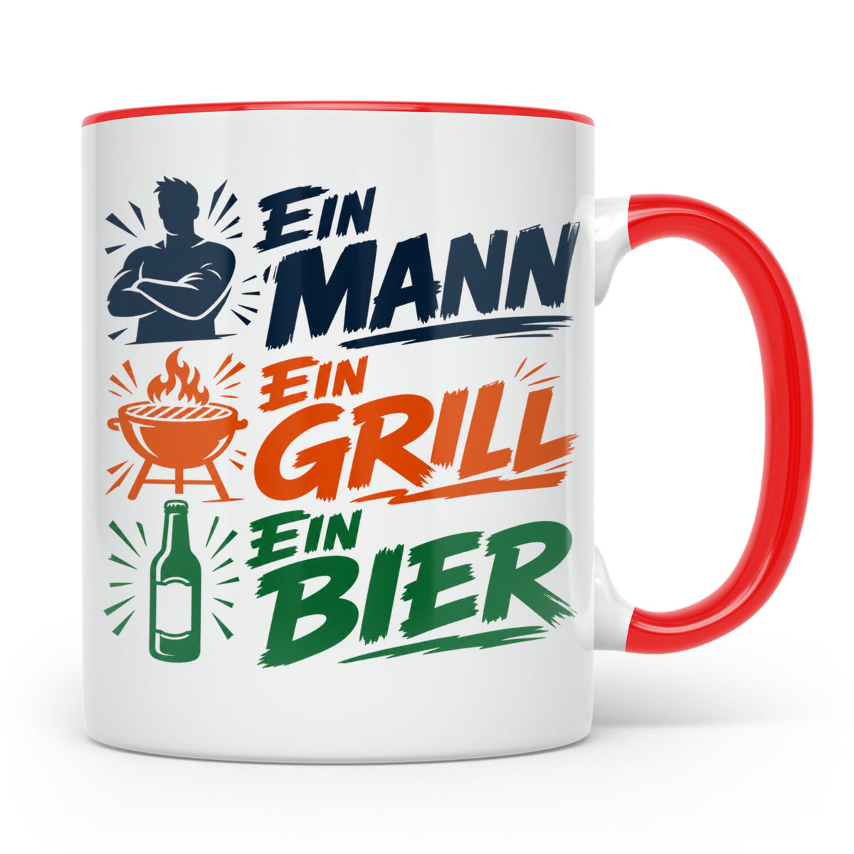 Grillmeister Tasse mit Spruch Ein Mann Ein Grill Ein Bier. L – Rot [farbe:rot]