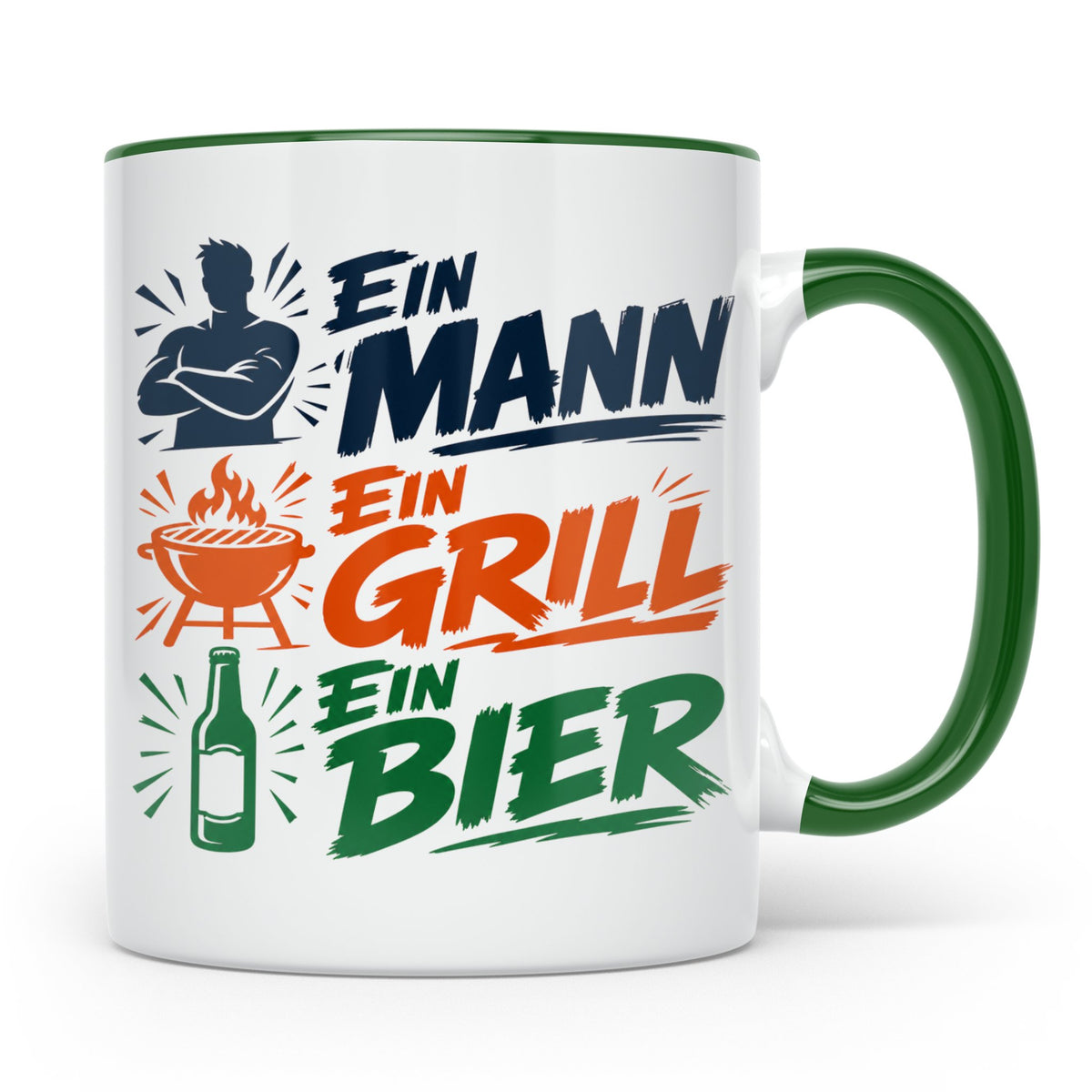 Grillmeister Tasse mit Spruch Ein Mann Ein Grill Ein Bier. L – Grün [farbe:grün]