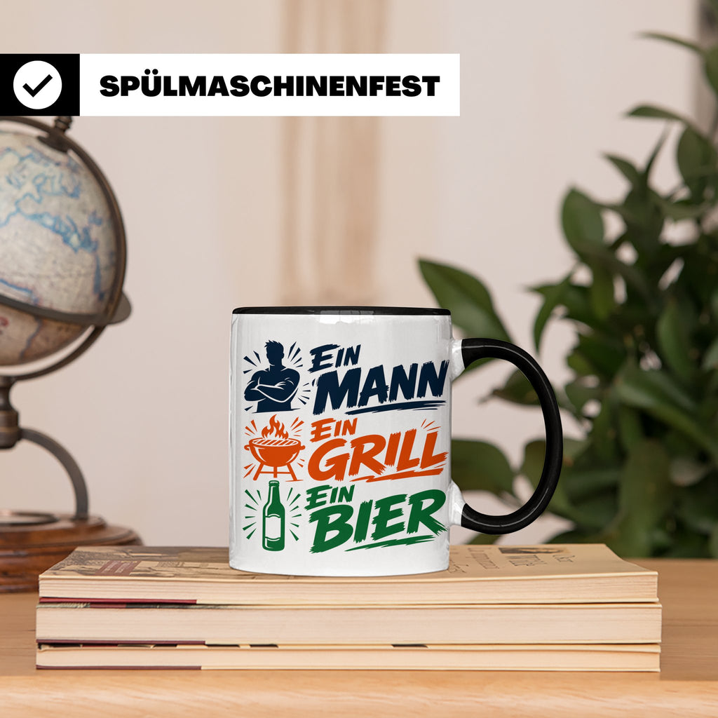 Grillmeister Tasse mit Spruch Ein Mann Ein Grill Ein Bier. L – Schwarz [farbe:schwarz]