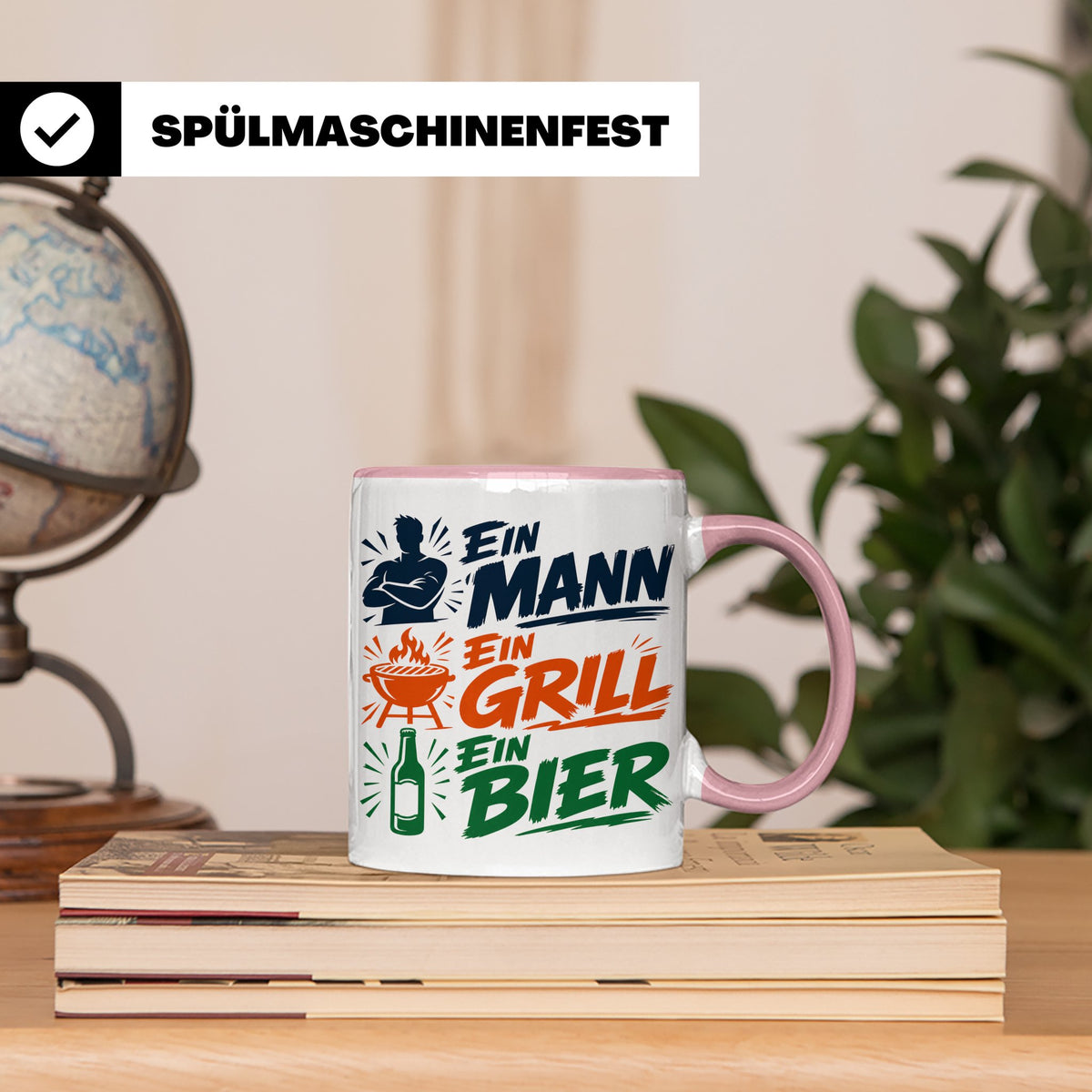 Grillmeister Tasse mit Spruch Ein Mann Ein Grill Ein Bier. L – Rosa [farbe:rosa]